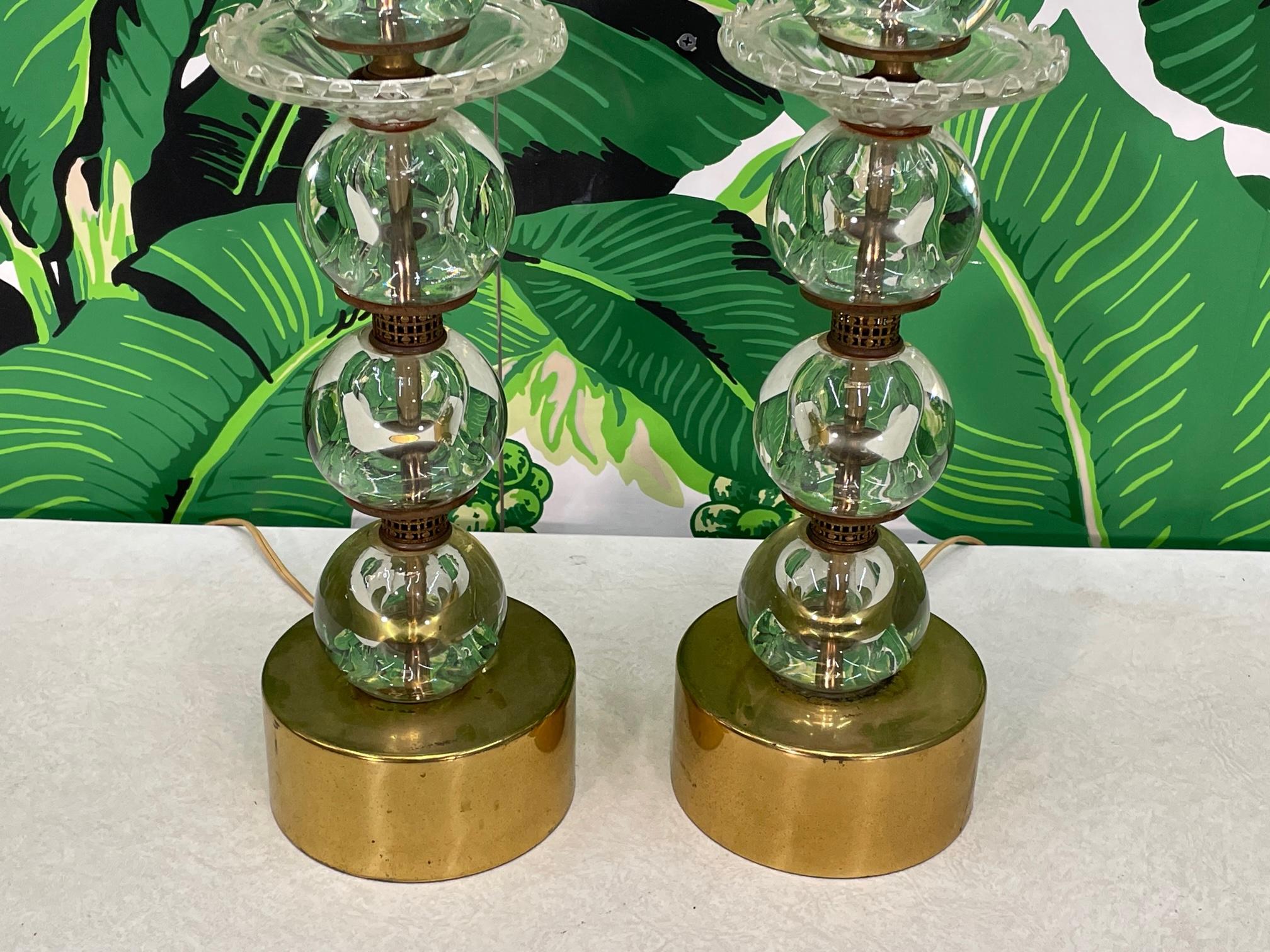 20th Century Mid Century Stacked Glass Sphere Brass Table Lamps For Sale