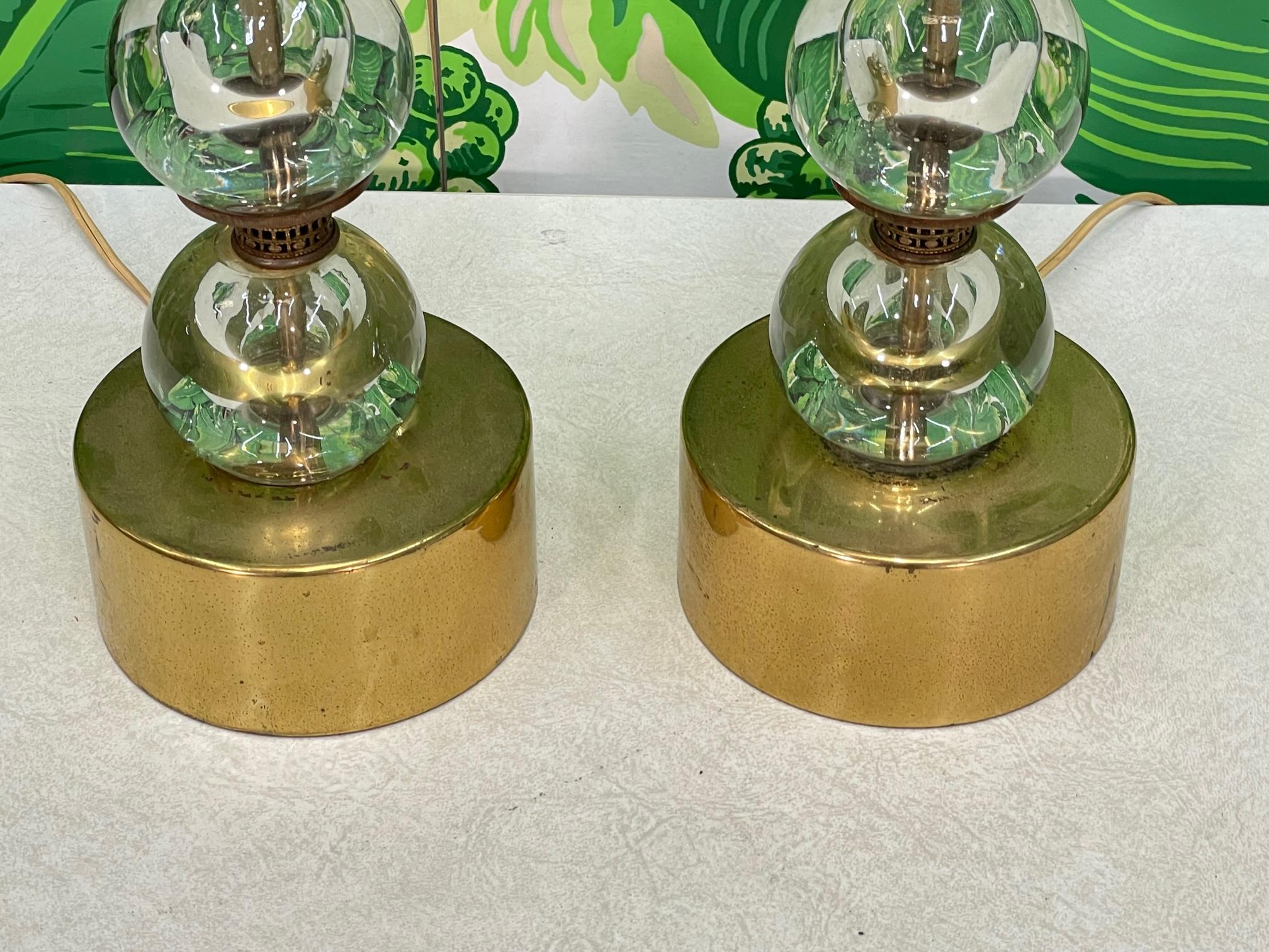 Mid Century Stacked Glass Sphere Brass Table Lamps For Sale 3