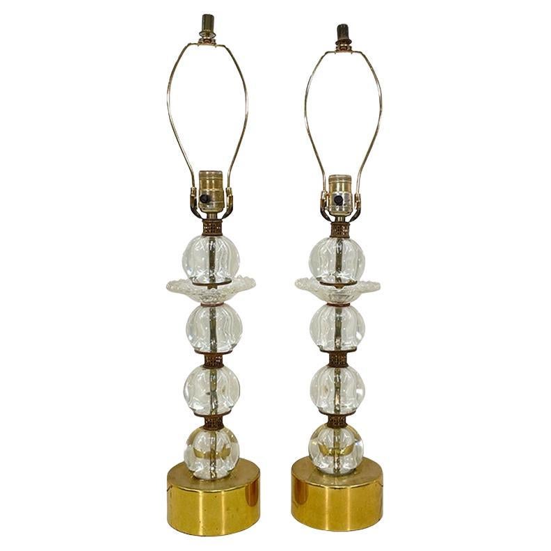 Mid Century Stacked Glass Sphere Brass Table Lamps For Sale