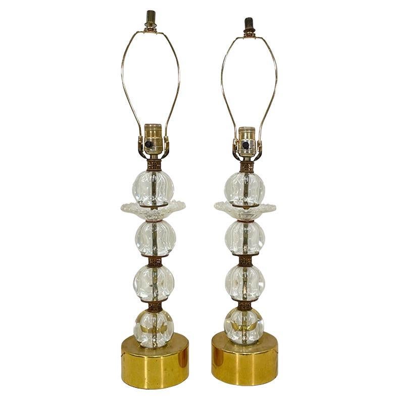 Mid Century Stacked Glass Sphere Brass Table Lamps