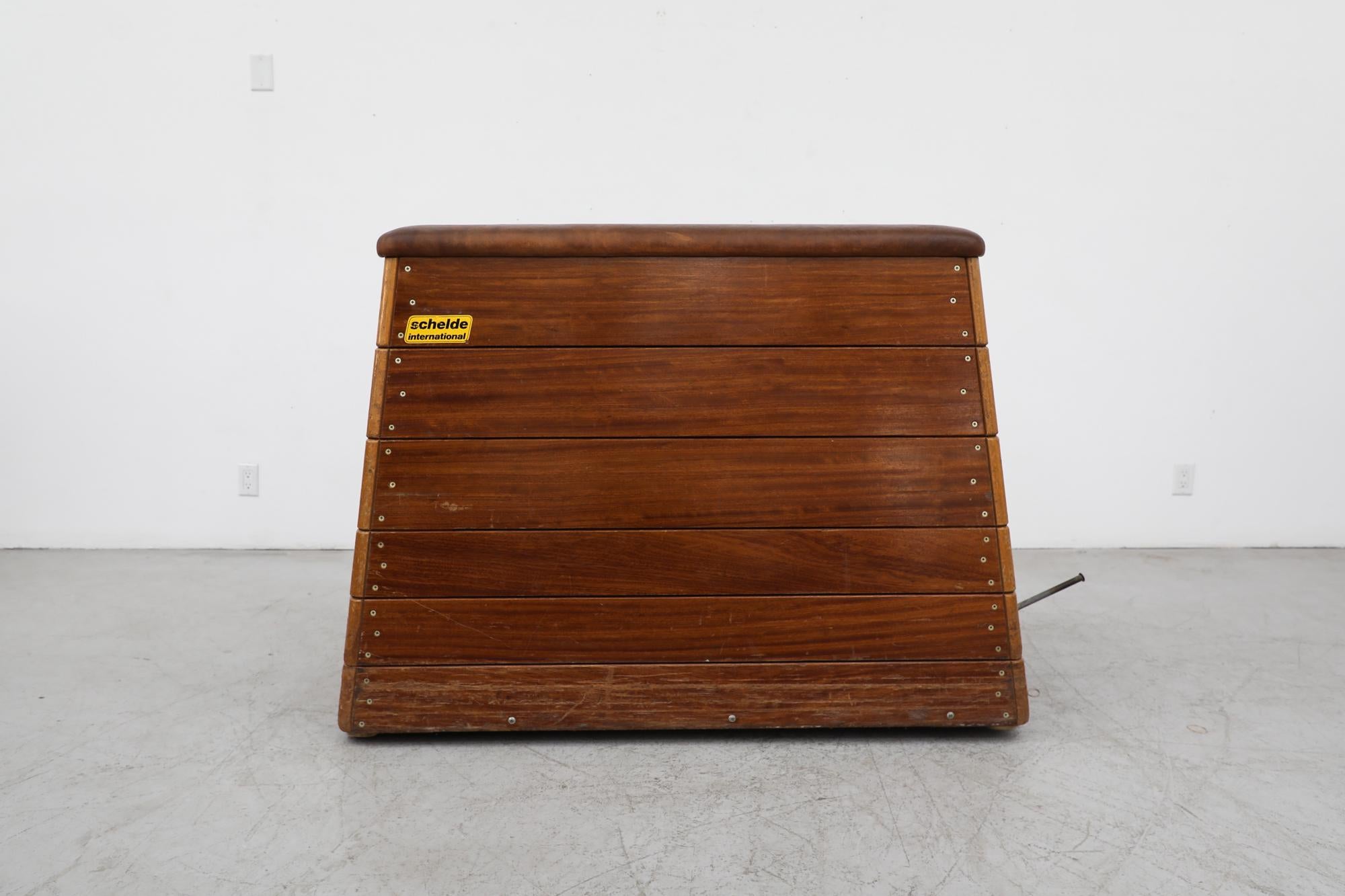 Mid-20th Century Mid Century  Stacked Oak & Teak Brown Leather Topped Rolling Gymnastics Bench For Sale