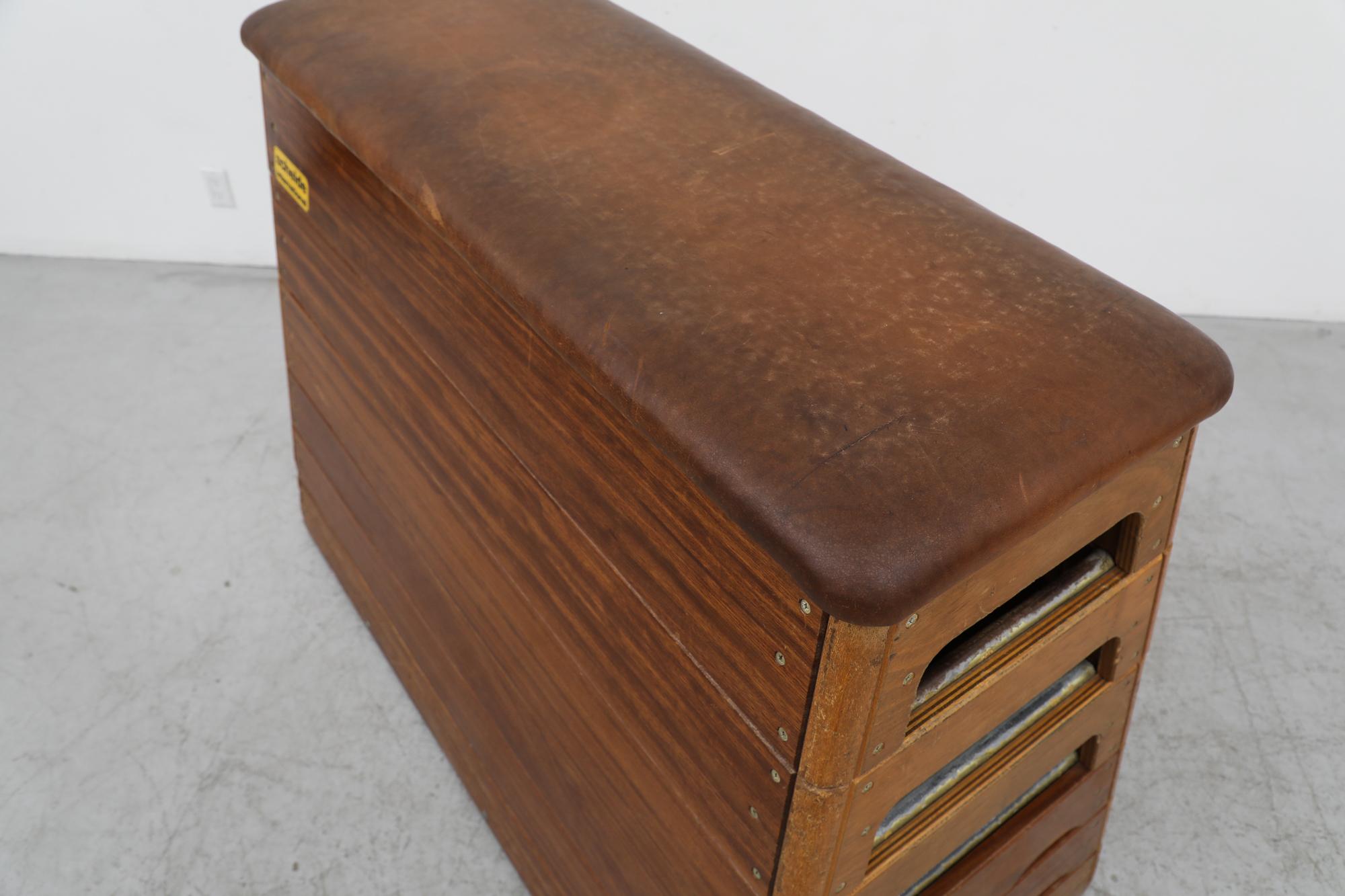 Mid Century  Stacked Oak & Teak Brown Leather Topped Rolling Gymnastics Bench For Sale 2