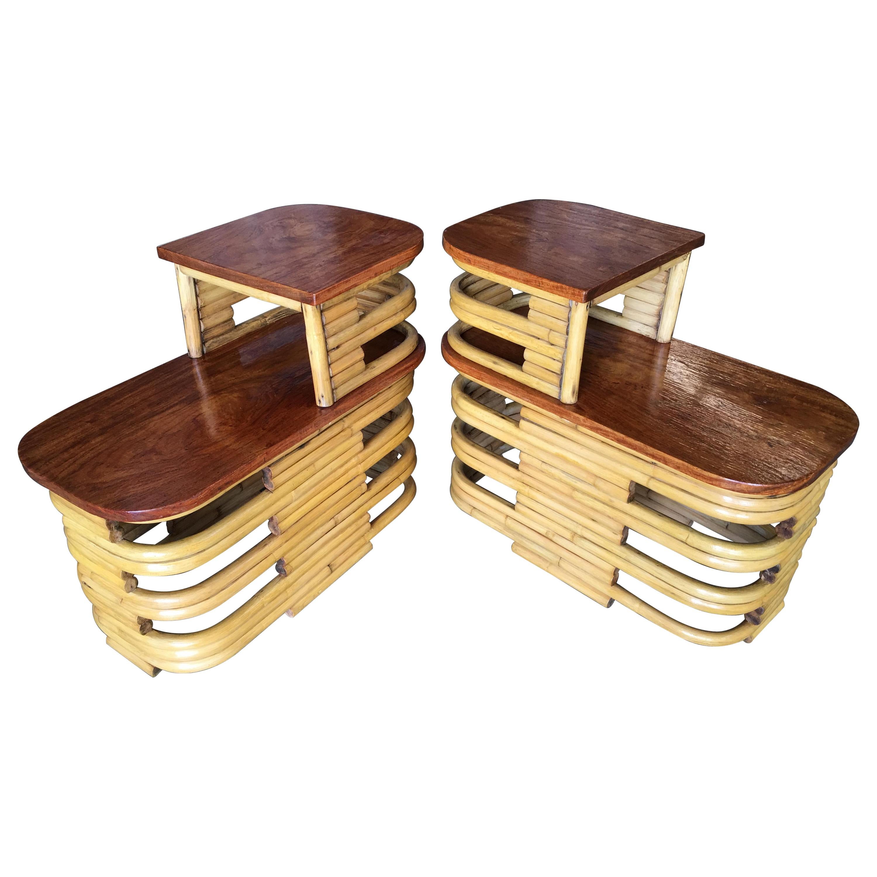 Mid Century Stacked Rattan Side Table with Cut Outs, Pair