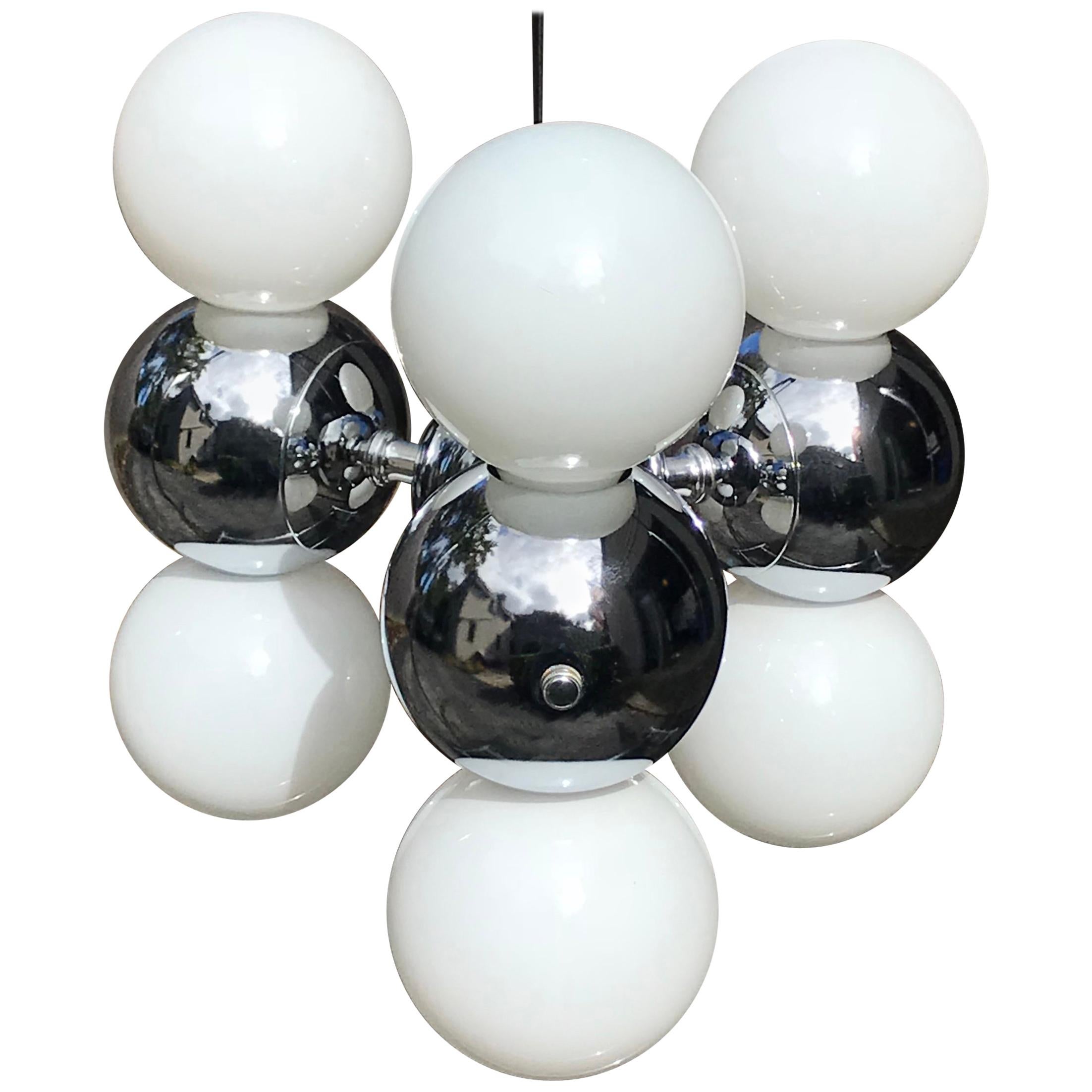 Lampada a sospensione con base cromata a sei lampadine impilate del Mid Century Modern, anni '70
