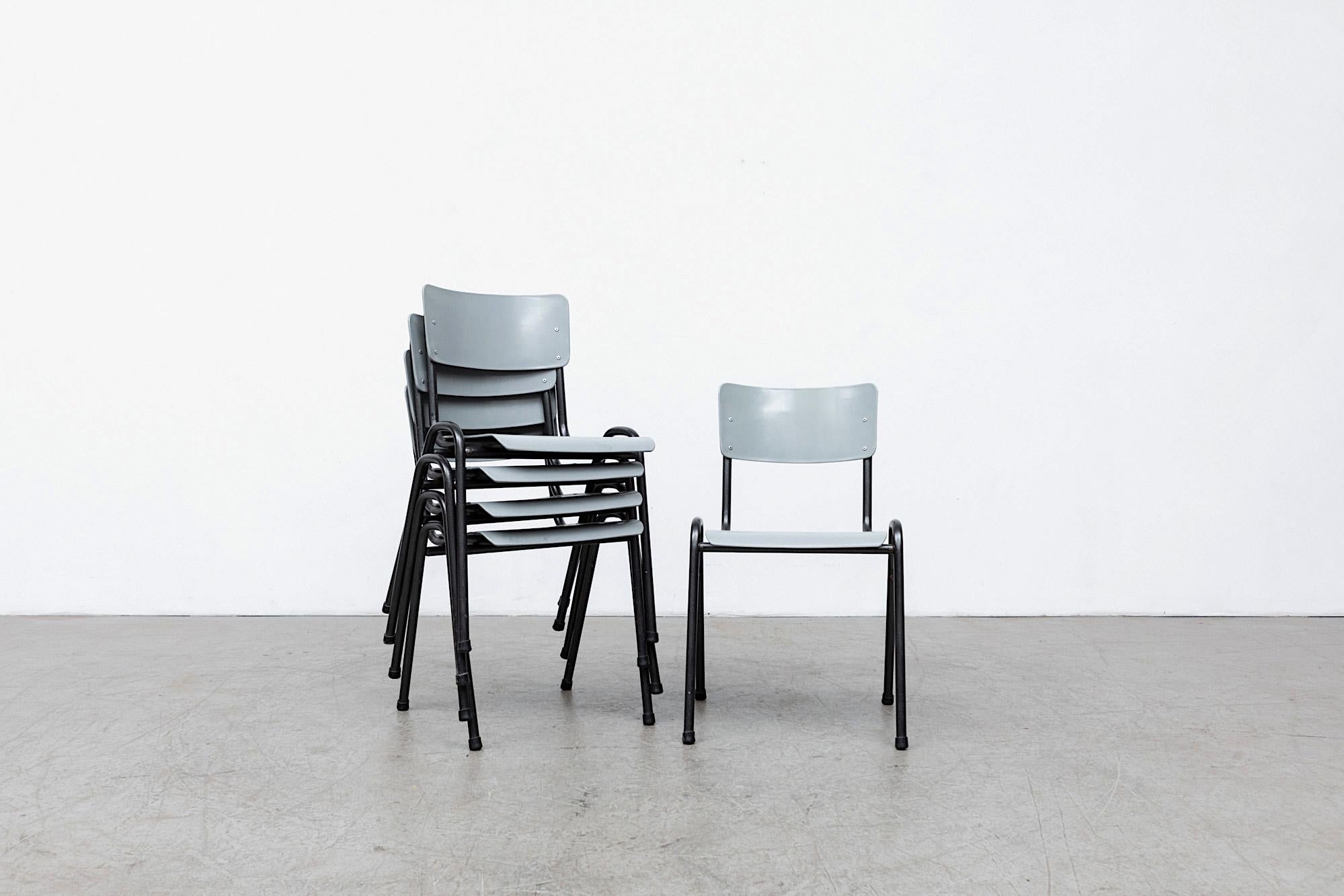 Dutch Mid-Century Stacking Chairs w/ Grey Plastic Seats & Black Textured Frame For Sale
