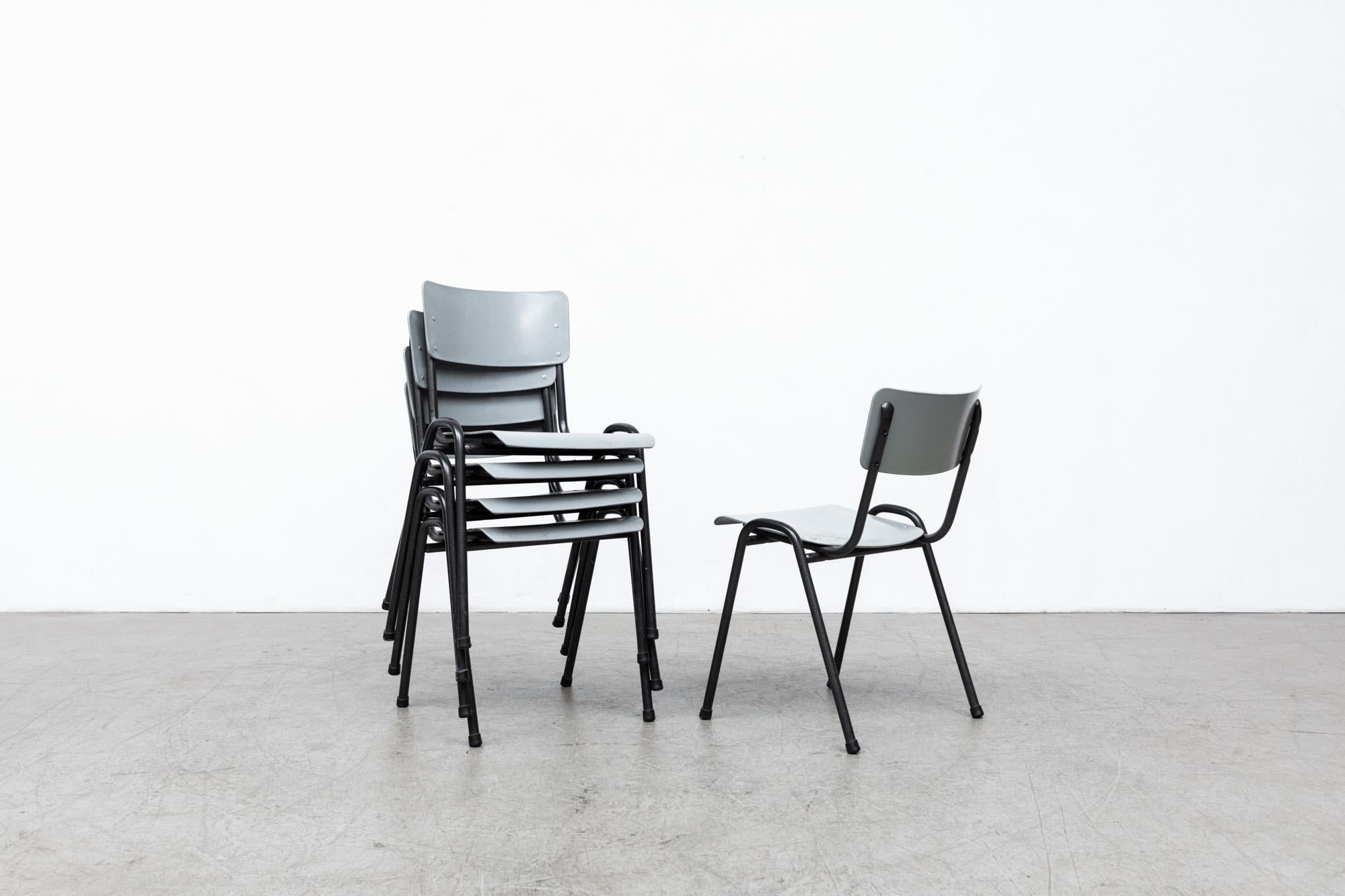 Late 20th Century Mid-Century Stacking Chairs w/ Grey Plastic Seats & Black Textured Frame For Sale