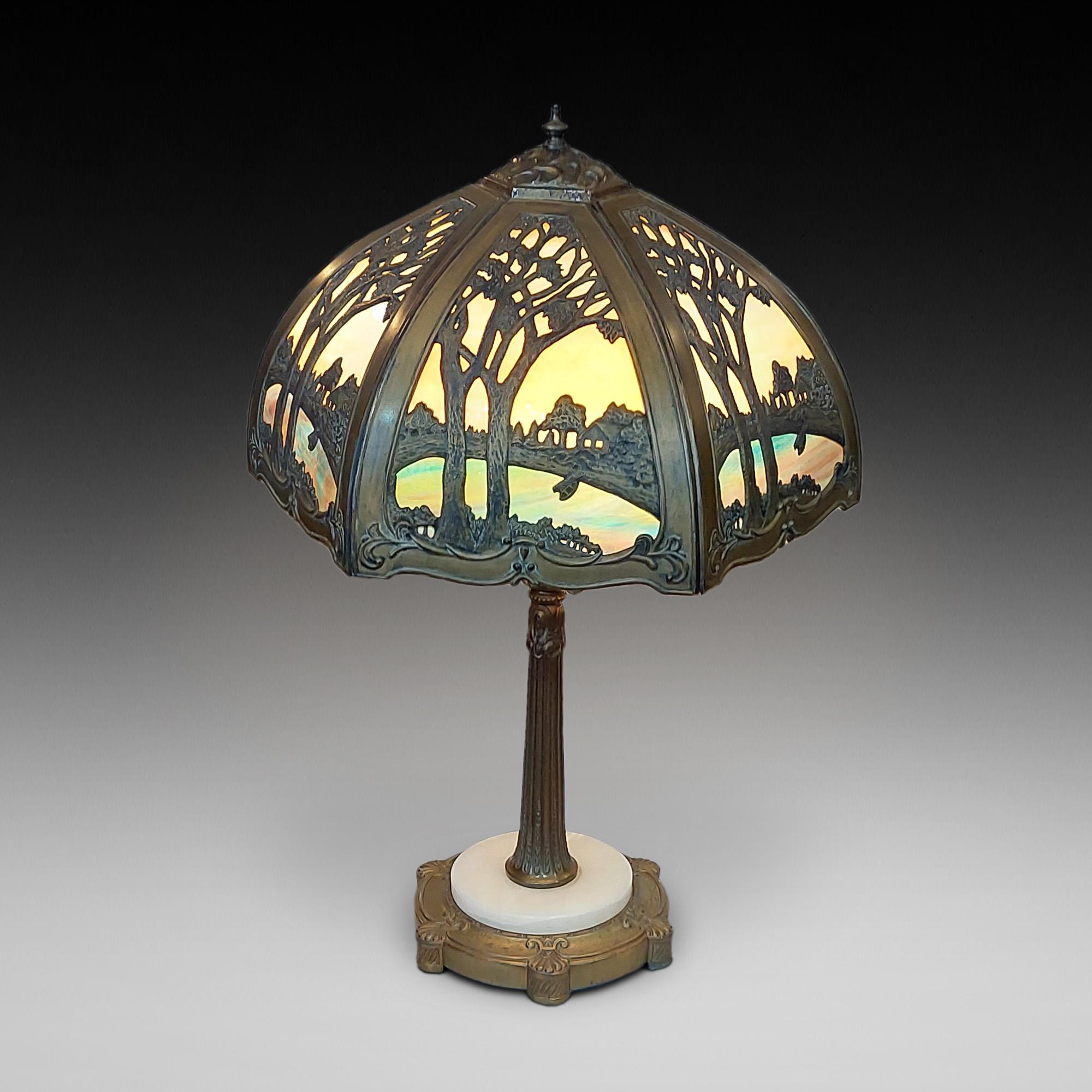 American Mid Century Stained Glass Table Lamp, in Galle Art Nouveau Style For Sale