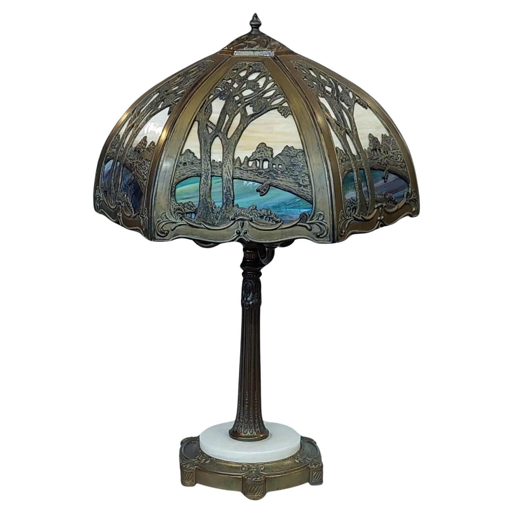 Mid Century Stained Glass Table Lamp, in Galle Art Nouveau Style For Sale