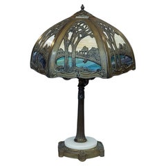 Retro Mid Century Stained Glass Table Lamp, in Galle Art Nouveau Style