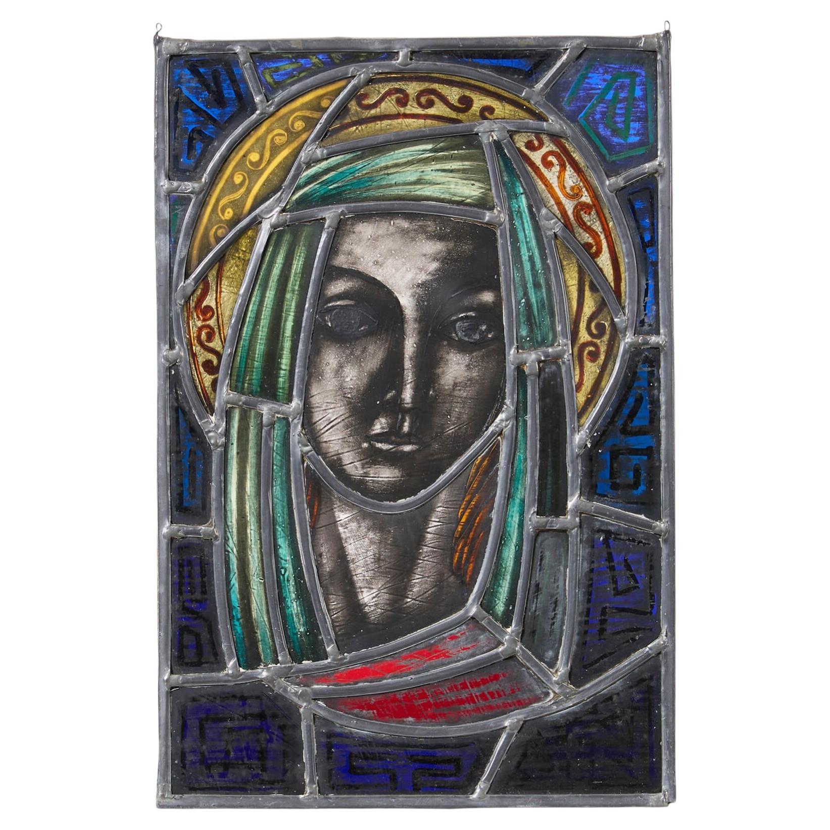 Mid-Century Stained Glass Window Depicting a Female Head