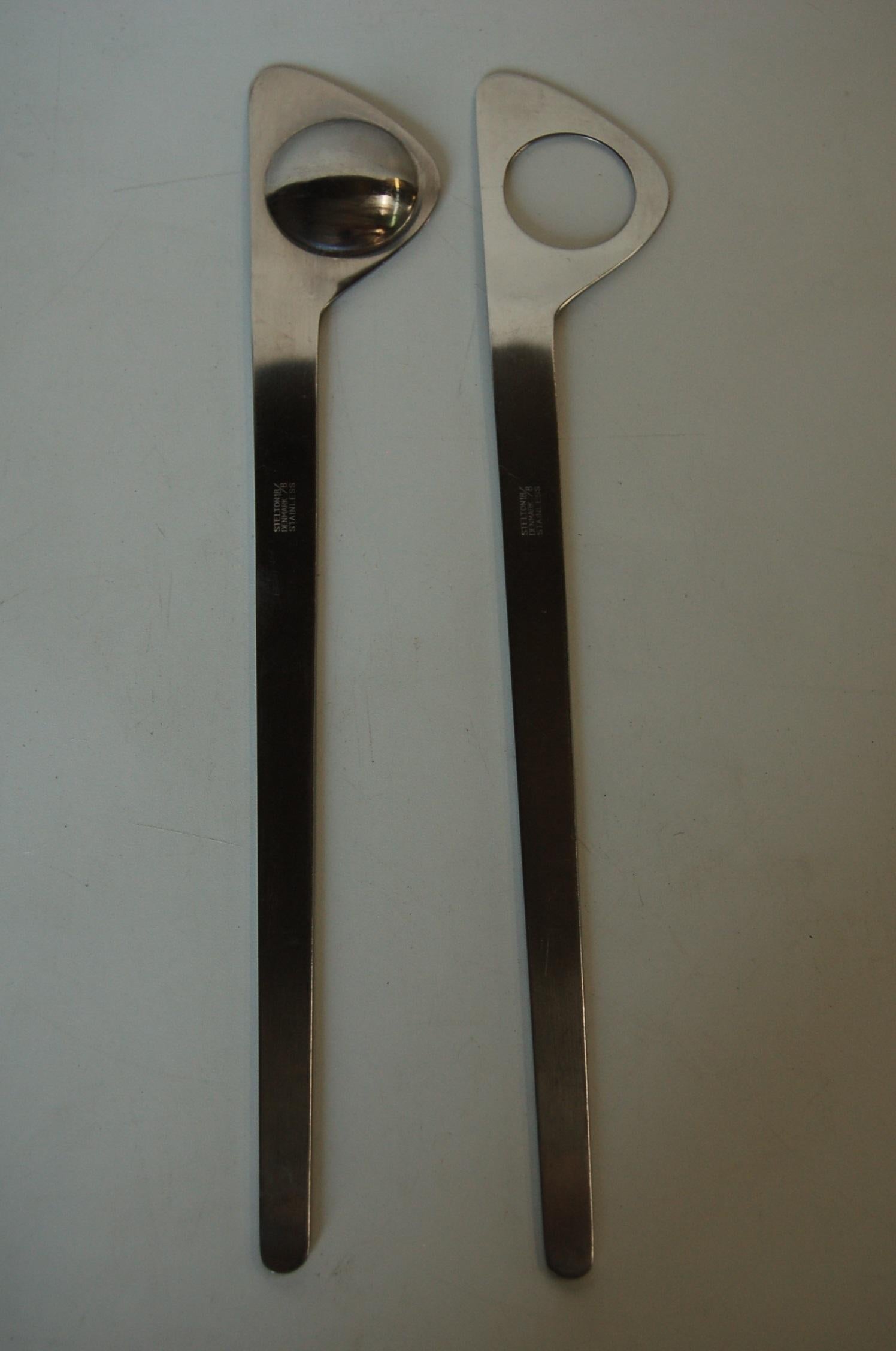 Mid-Century Modern stainless steel salad serving utensils set of two by Stelton.

Measures: 12 long x 3