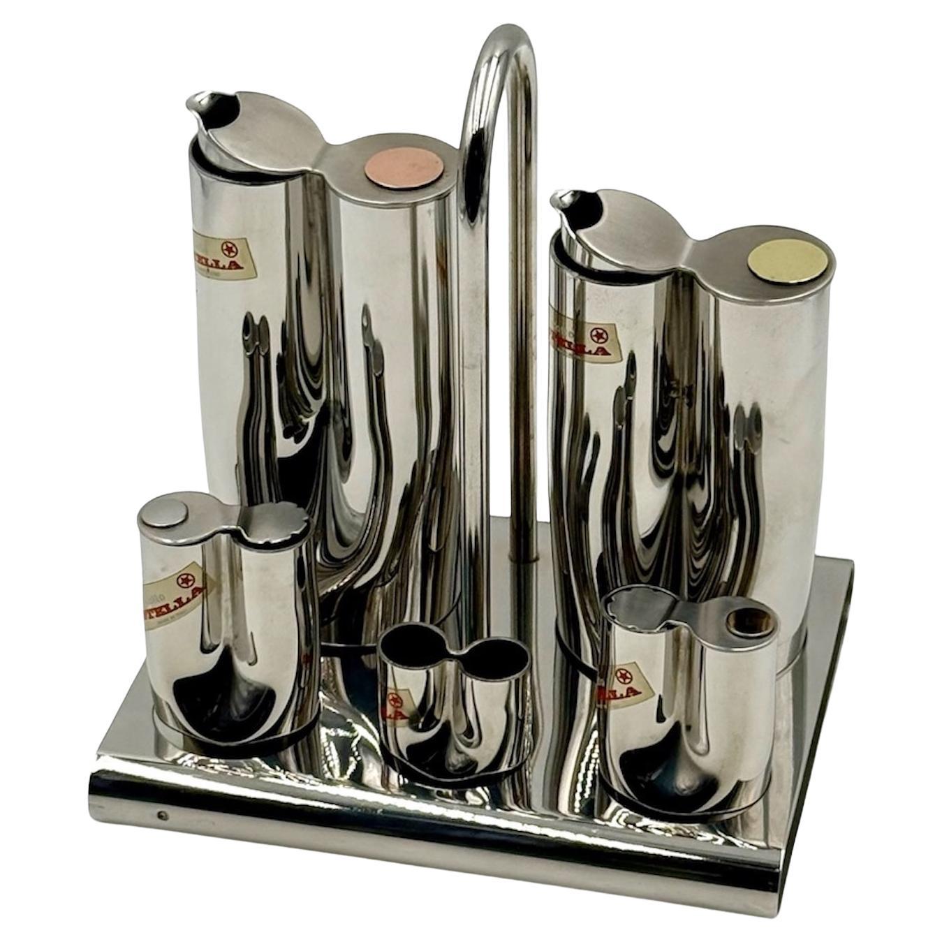 Mid Century Stainless Steel Condiment Set Stella, Italy, 1970s, Set of 6 Pieces