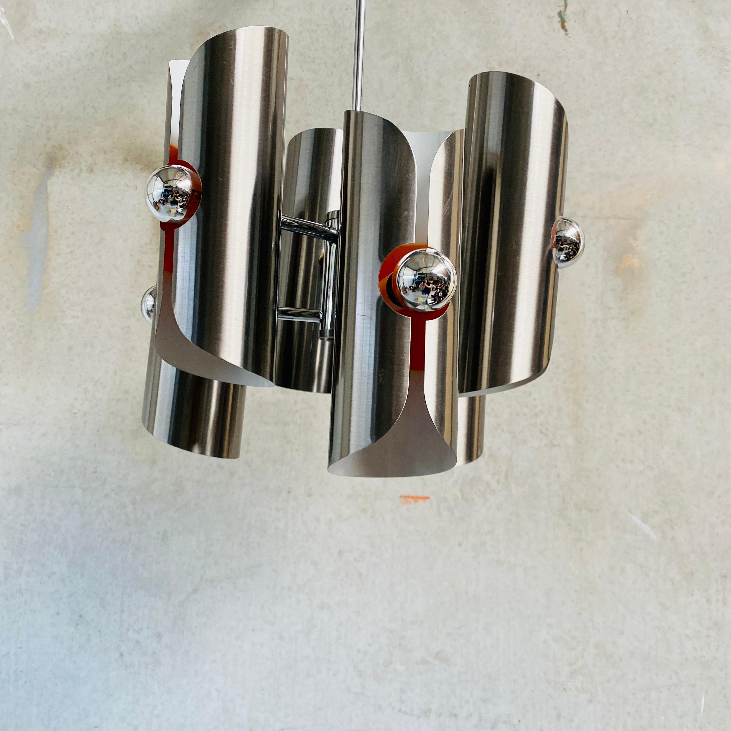 Mid-Century Stainless Steel Space Age Chandelier by Polam, Poland 1970 In Good Condition For Sale In DE MEERN, NL