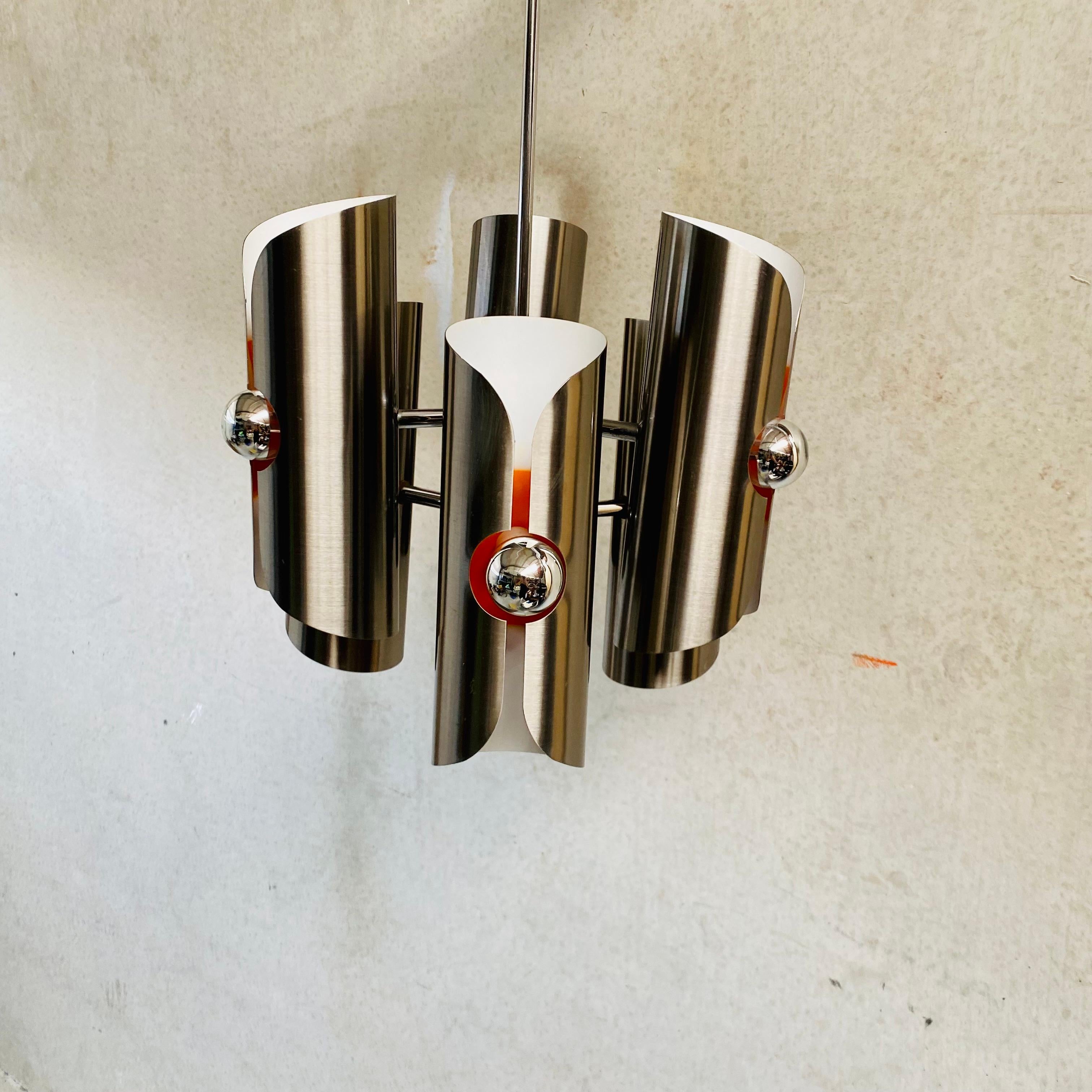 Late 20th Century Mid-Century Stainless Steel Space Age Chandelier by Polam, Poland 1970 For Sale