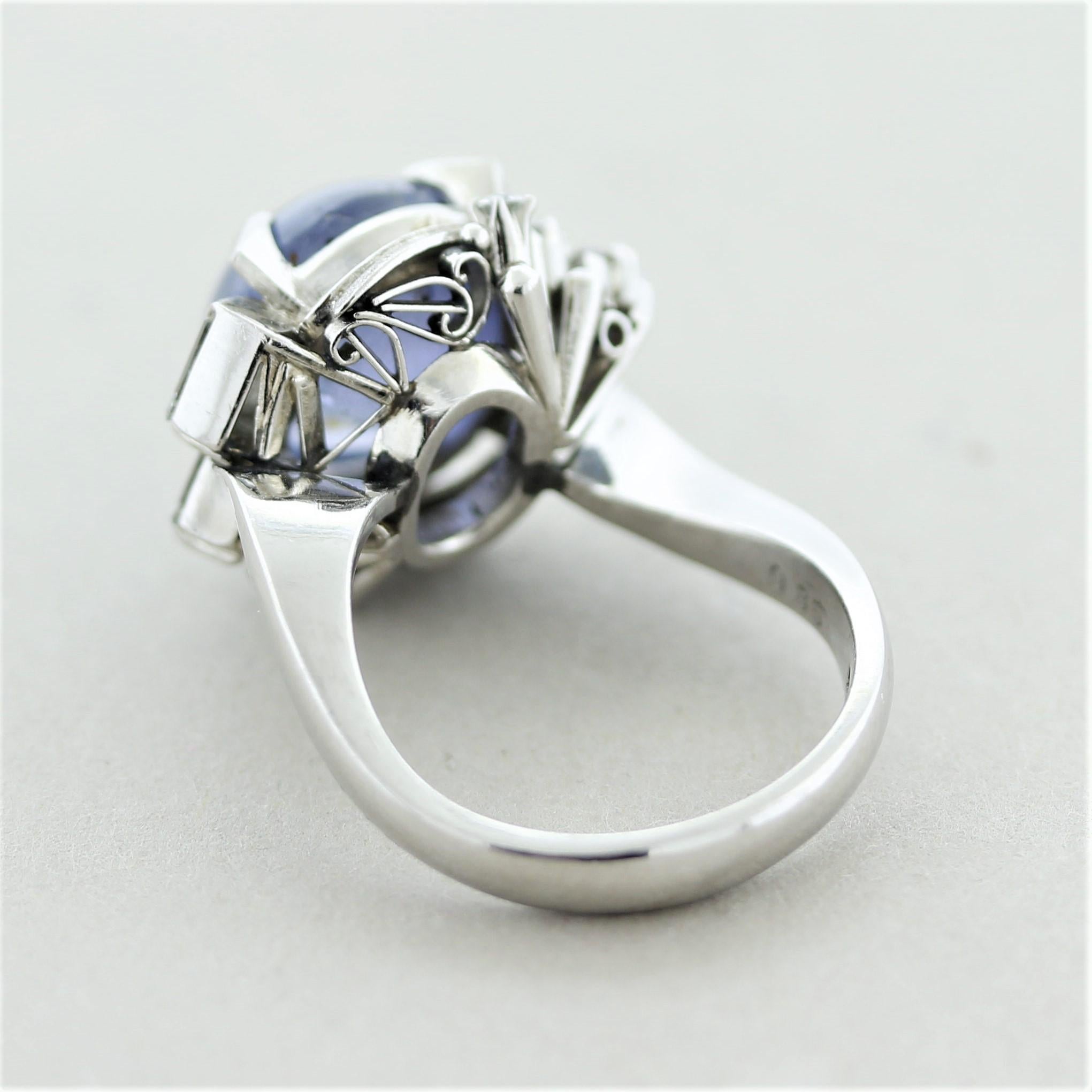 Mixed Cut Mid-Century Star-Sapphire Diamond Platinum Ring For Sale