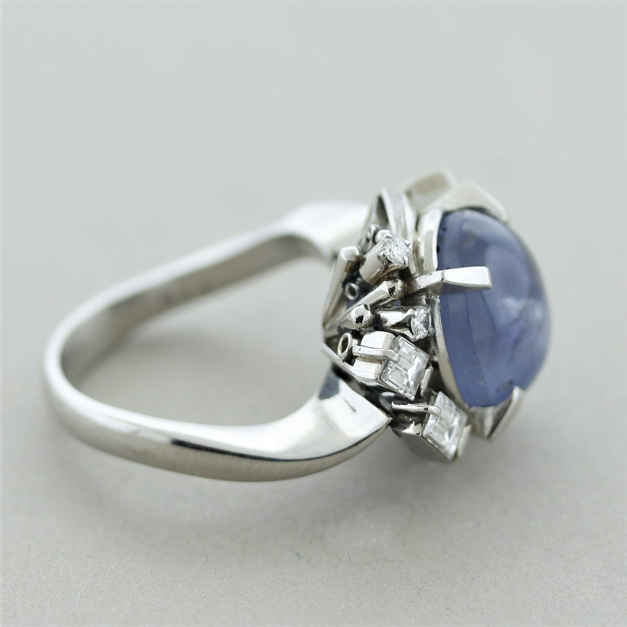 Women's Mid-Century Star-Sapphire Diamond Platinum Ring For Sale