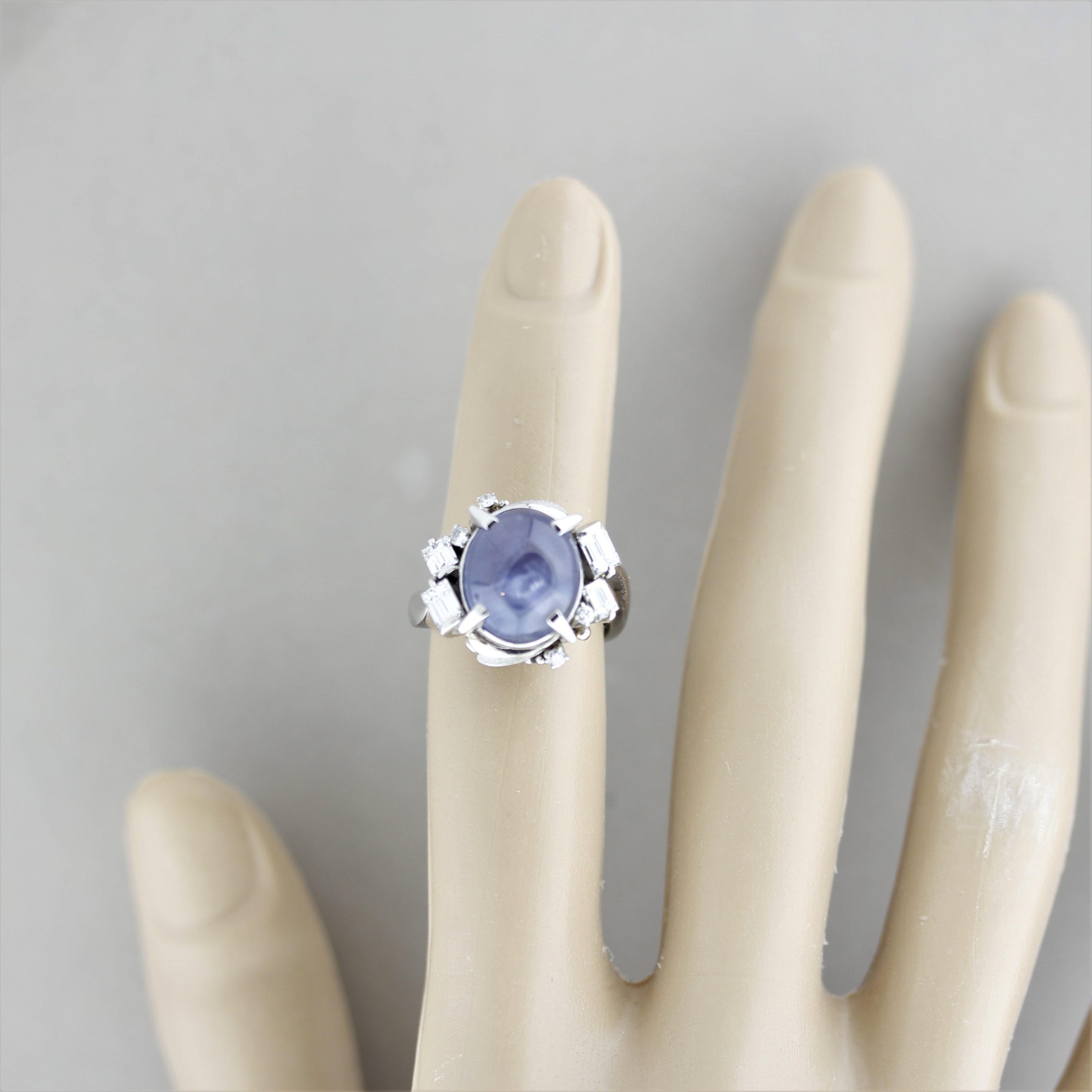 Mid-Century Star-Sapphire Diamond Platinum Ring For Sale 2