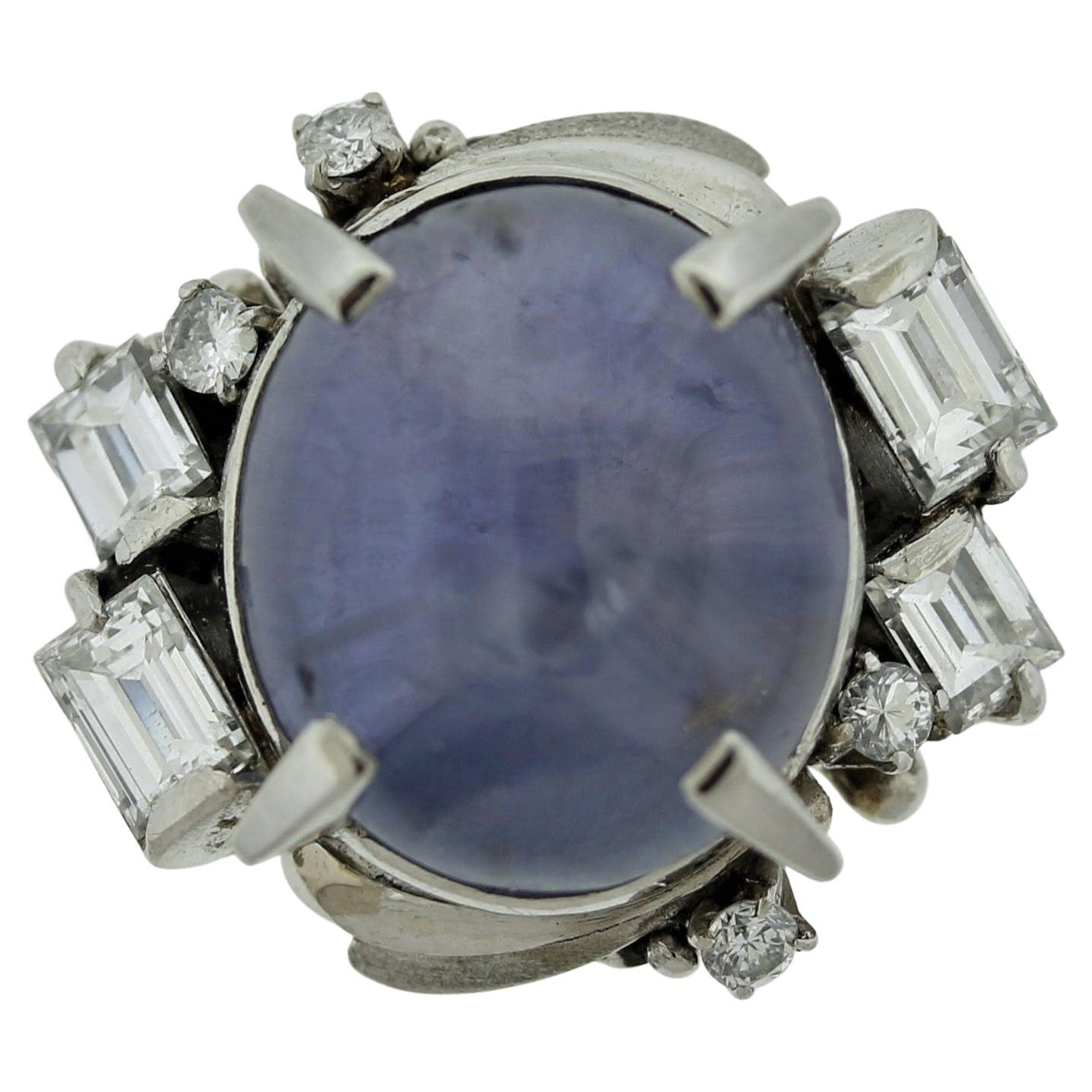 Mid-Century Star-Sapphire Diamond Platinum Ring For Sale