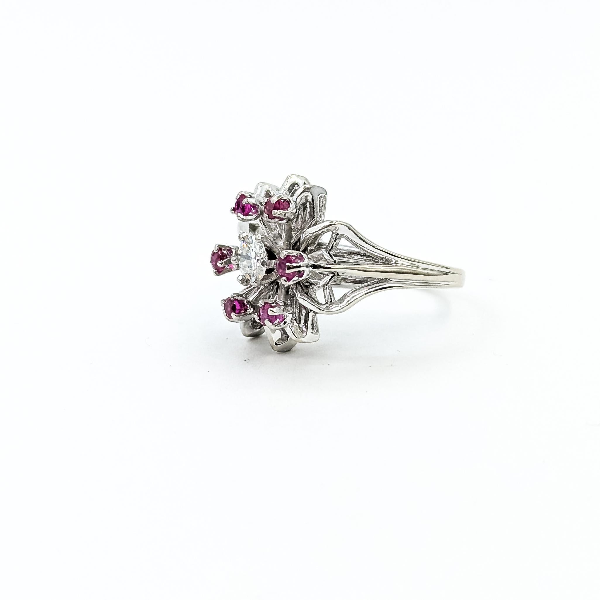 Retro Mid-century Starburst Ruby & Diamond Ring in 14k For Sale