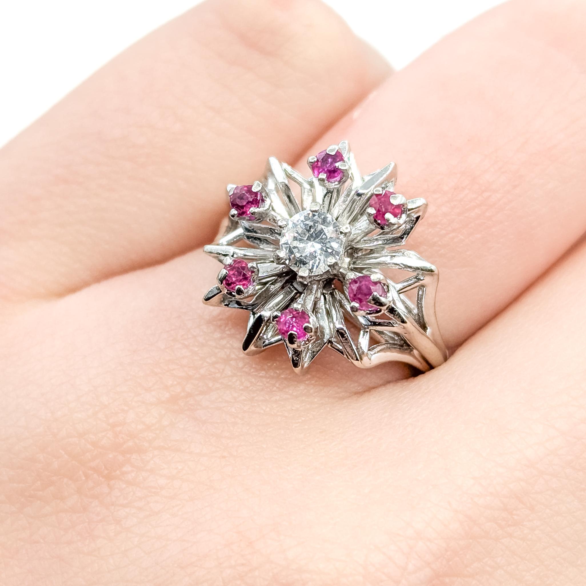 Round Cut Mid-century Starburst Ruby & Diamond Ring in 14k For Sale