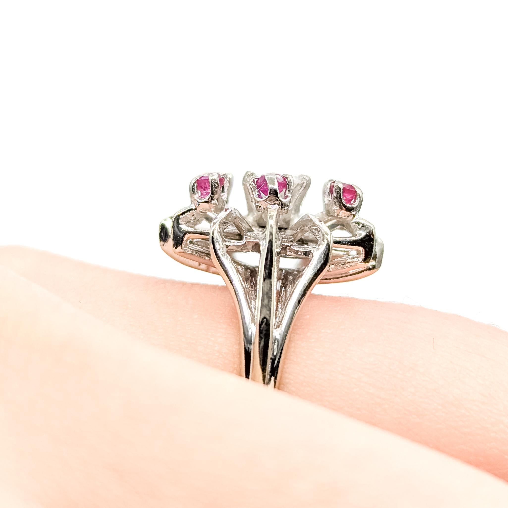 Women's Mid-century Starburst Ruby & Diamond Ring in 14k For Sale