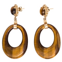 Midcentury Statement 14 Karat Gold Tiger Eye Dangle Drop Earrings