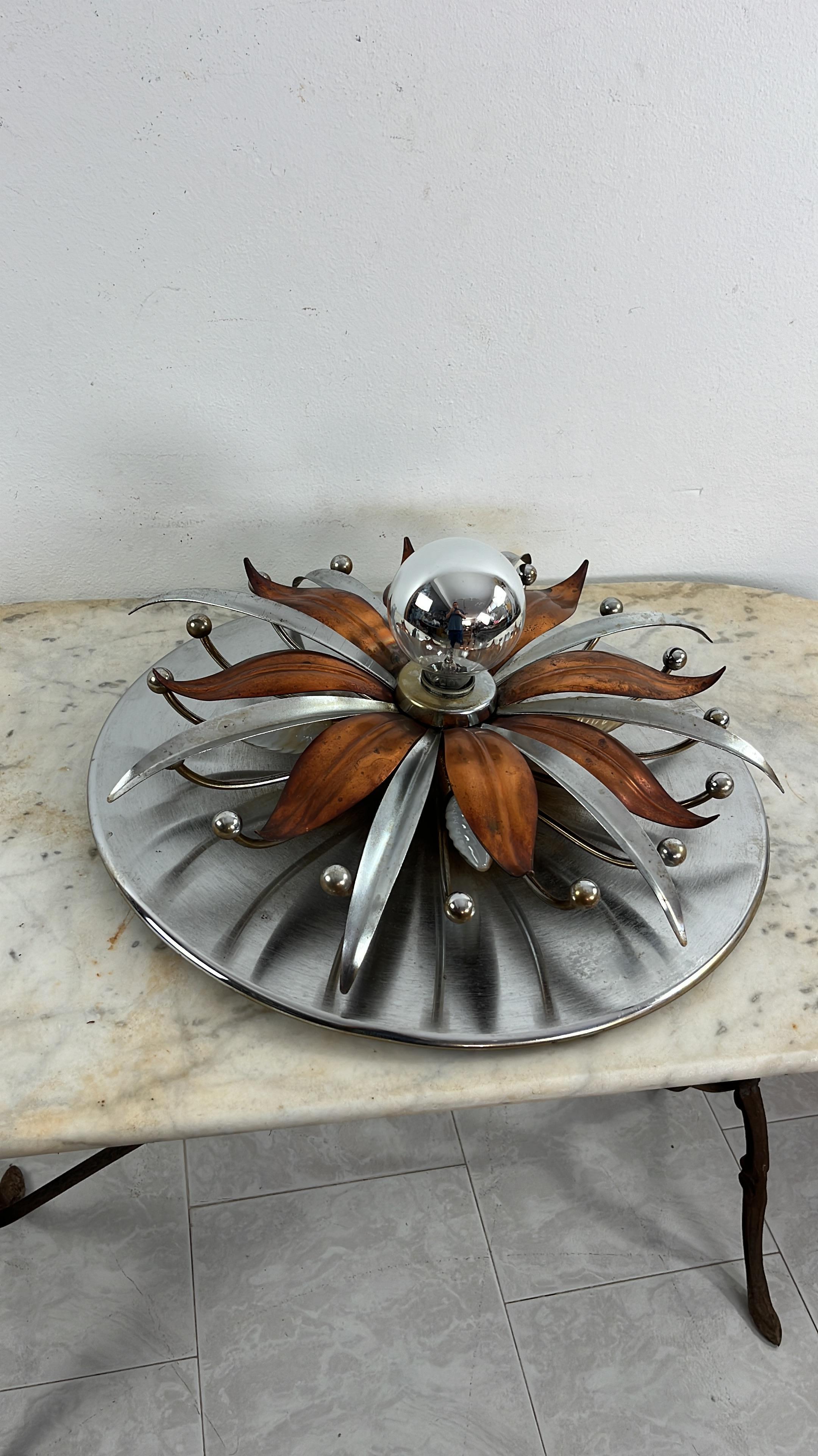 Mid-Century Steel And Copper 5-Light Ceiling Light, Made in Italy 1960s For Sale 5