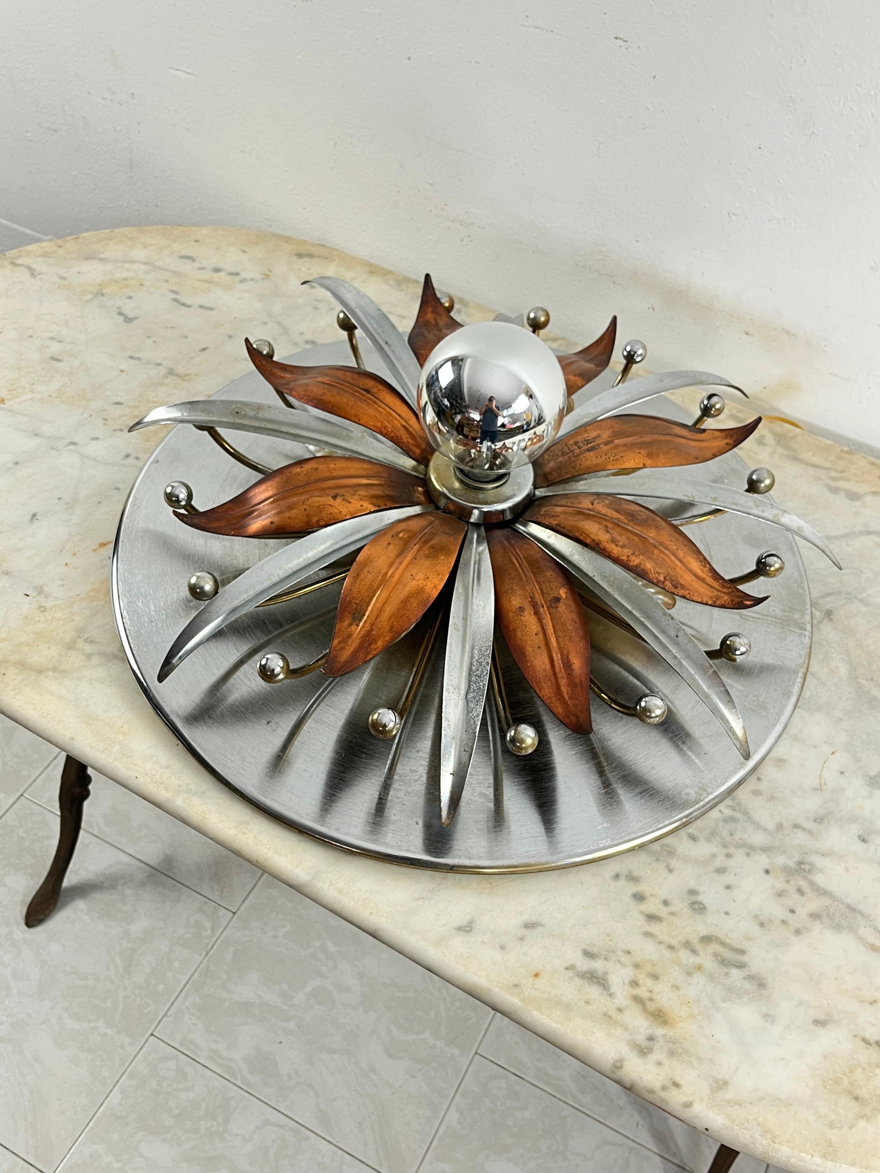 Italian Mid-Century Steel And Copper 5-Light Ceiling Light, Made in Italy 1960s For Sale