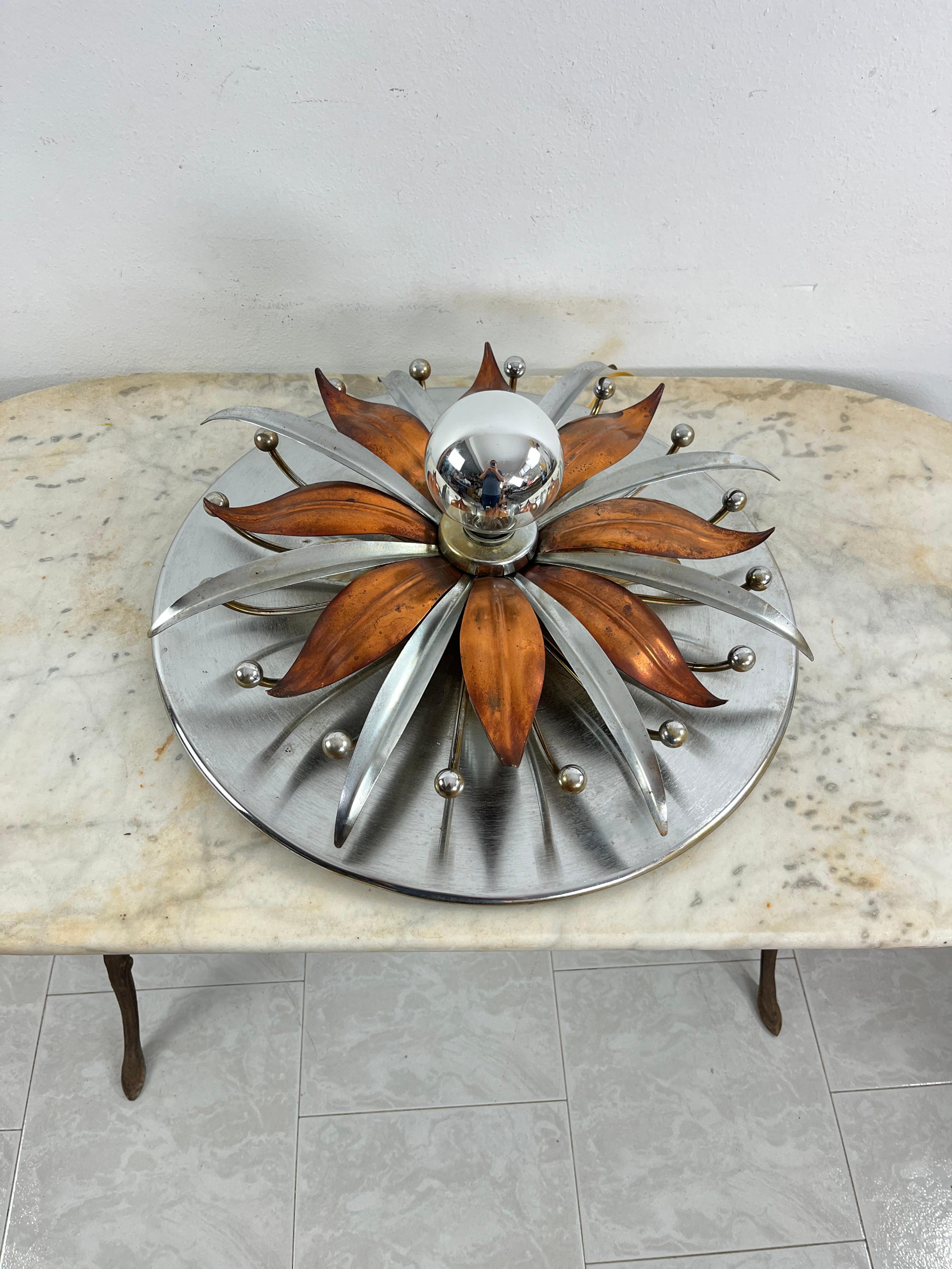 Mid-Century Steel And Copper 5-Light Ceiling Light, Made in Italy 1960s For Sale 2