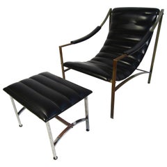 Midcentury Steel and Leather Lounge Chair and Ottoman