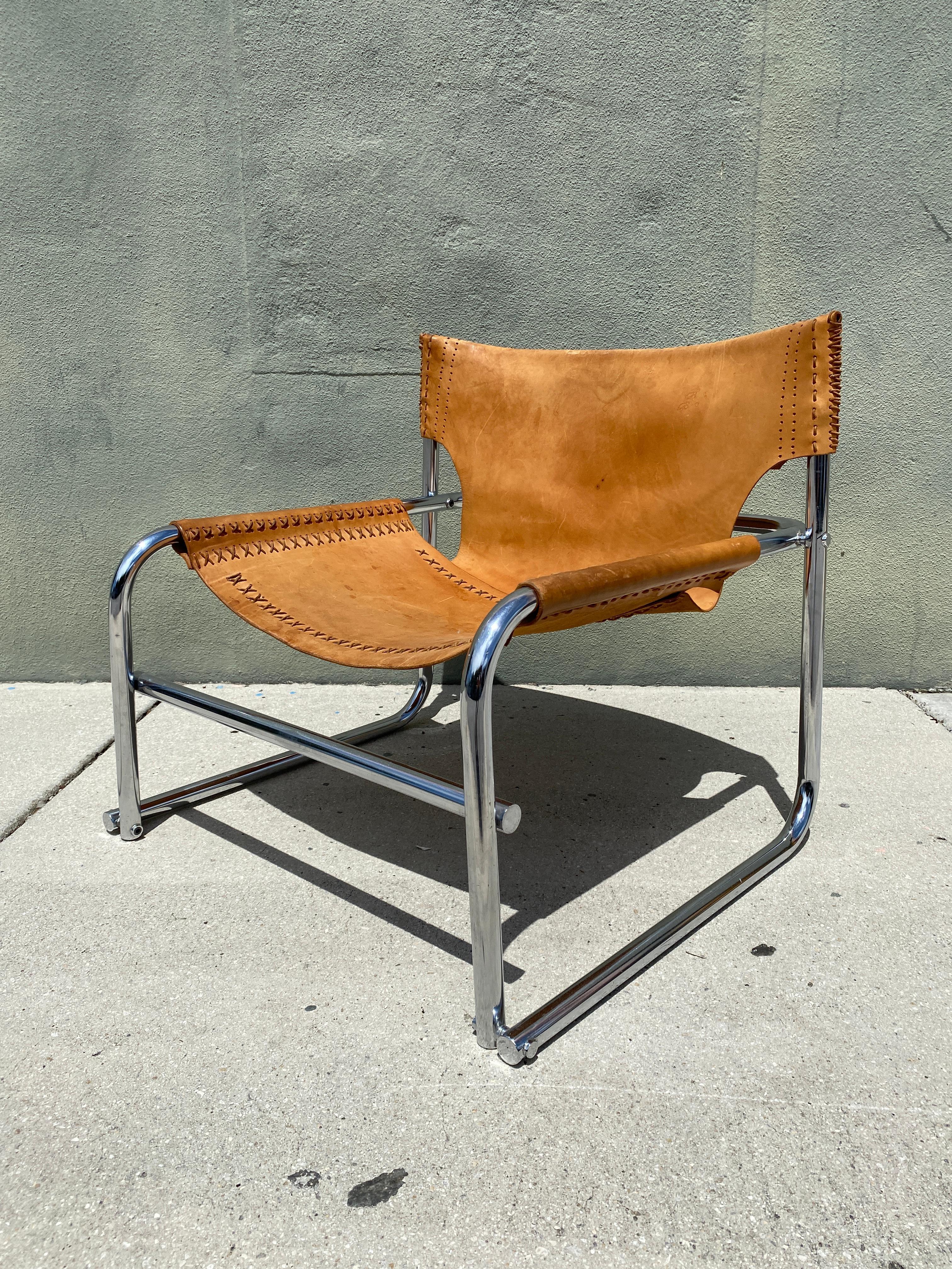 Mid Century Steel and Leather 'T1' Armchair Attributed to Rodney Kinsman In Good Condition For Sale In Asheville, NC