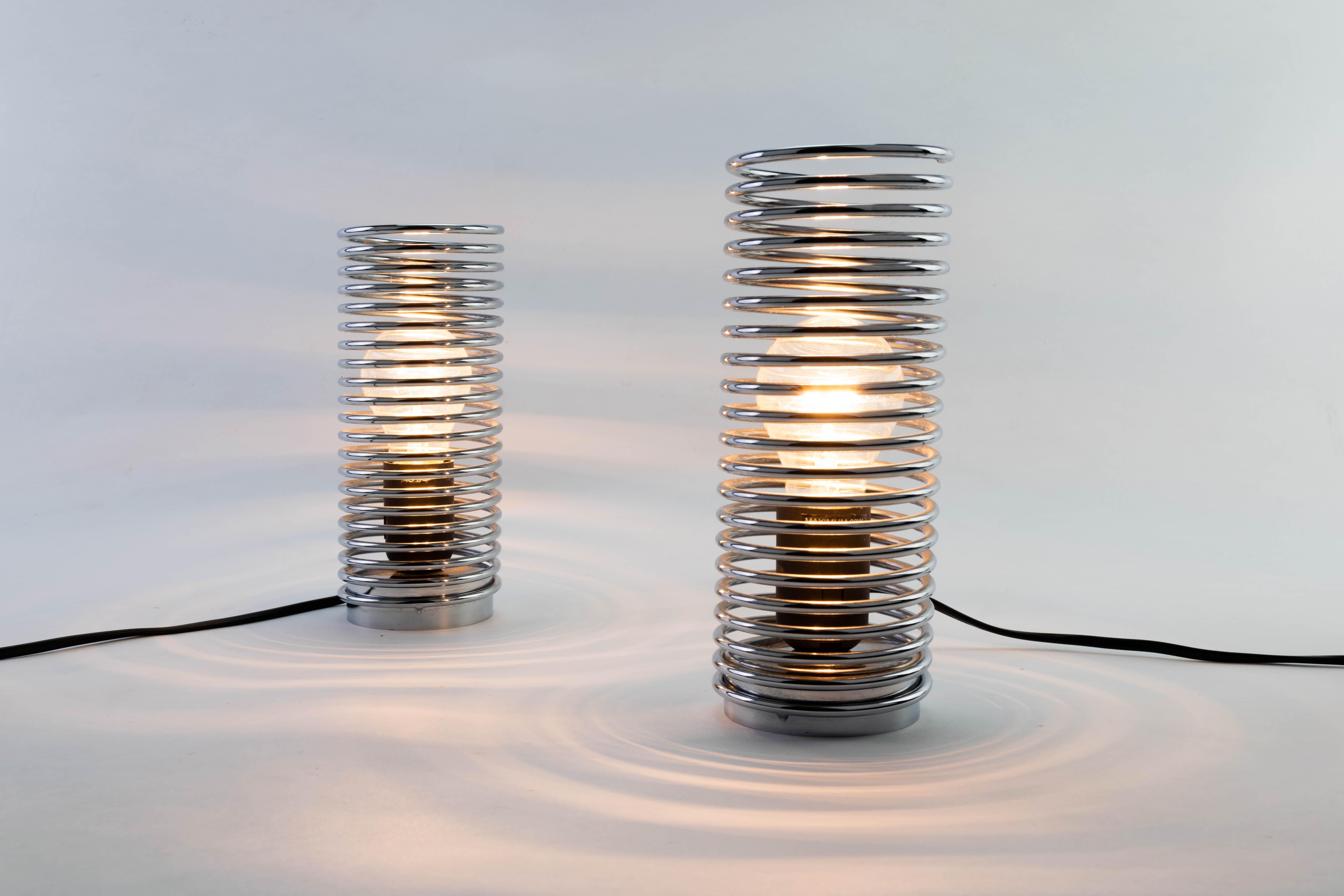 Belgian Midcentury Steel Chrome Spiral Pair of Table Lamps by Massive, Belgium, 1980