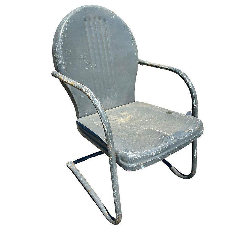 American Mid-century Steel Round Streamline Springer Patio Outdoor Lounge Chair, Pair For Sale