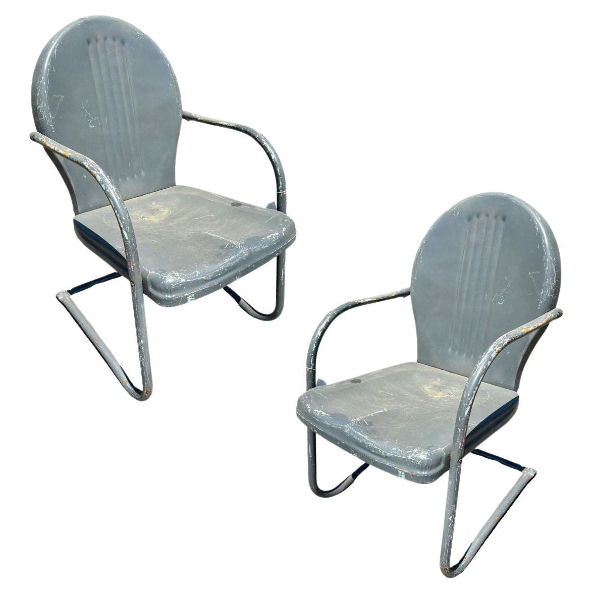 Mid-century Steel Round Streamline Springer Patio Outdoor Lounge Chair, Pair For Sale