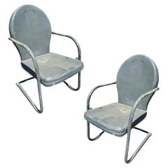 Mid-century Steel Round Streamline Springer Patio Outdoor Lounge Chair, Pair
