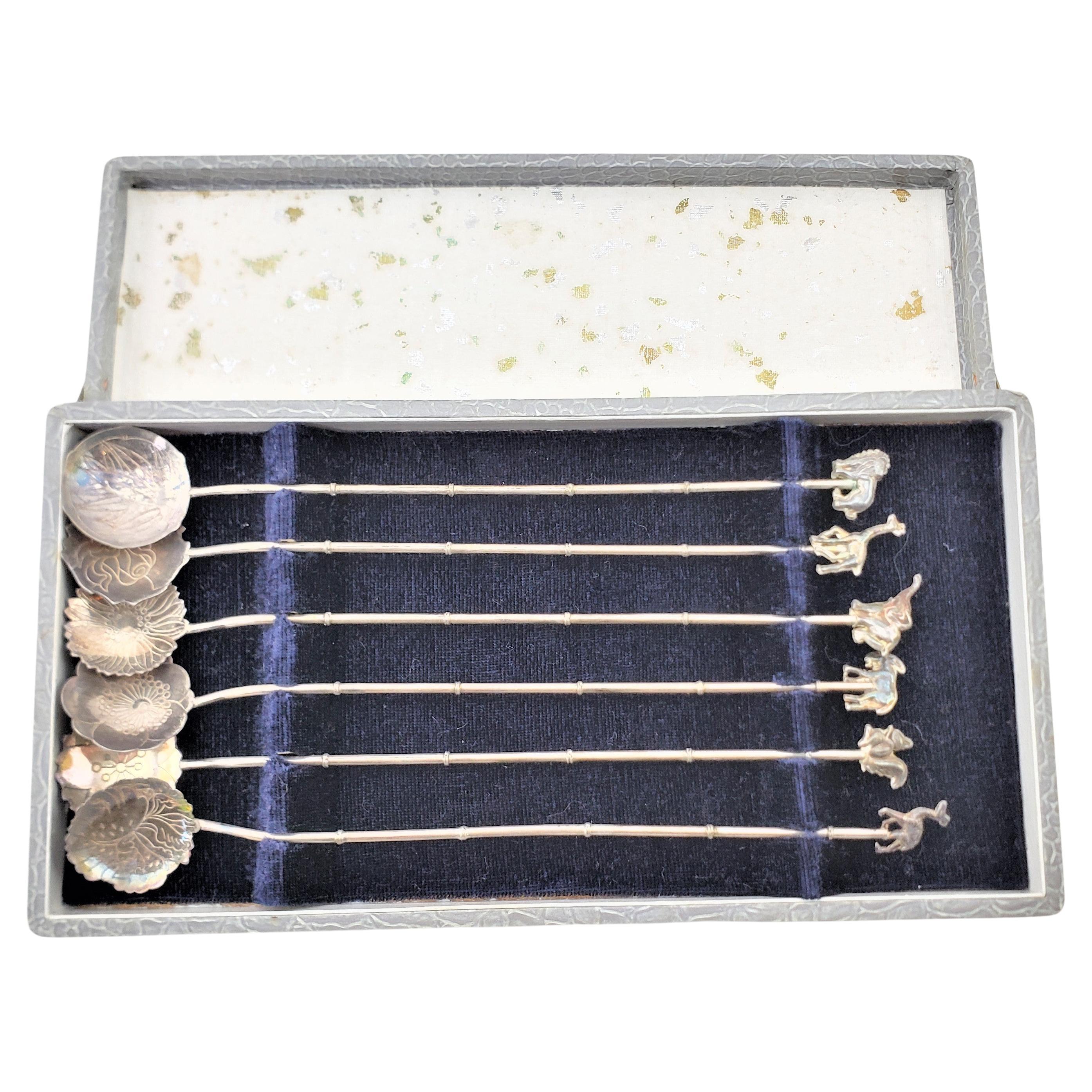 Mid-Century Sterling & .900 Silver Cocktail Spoon Set with Figural Animals For Sale