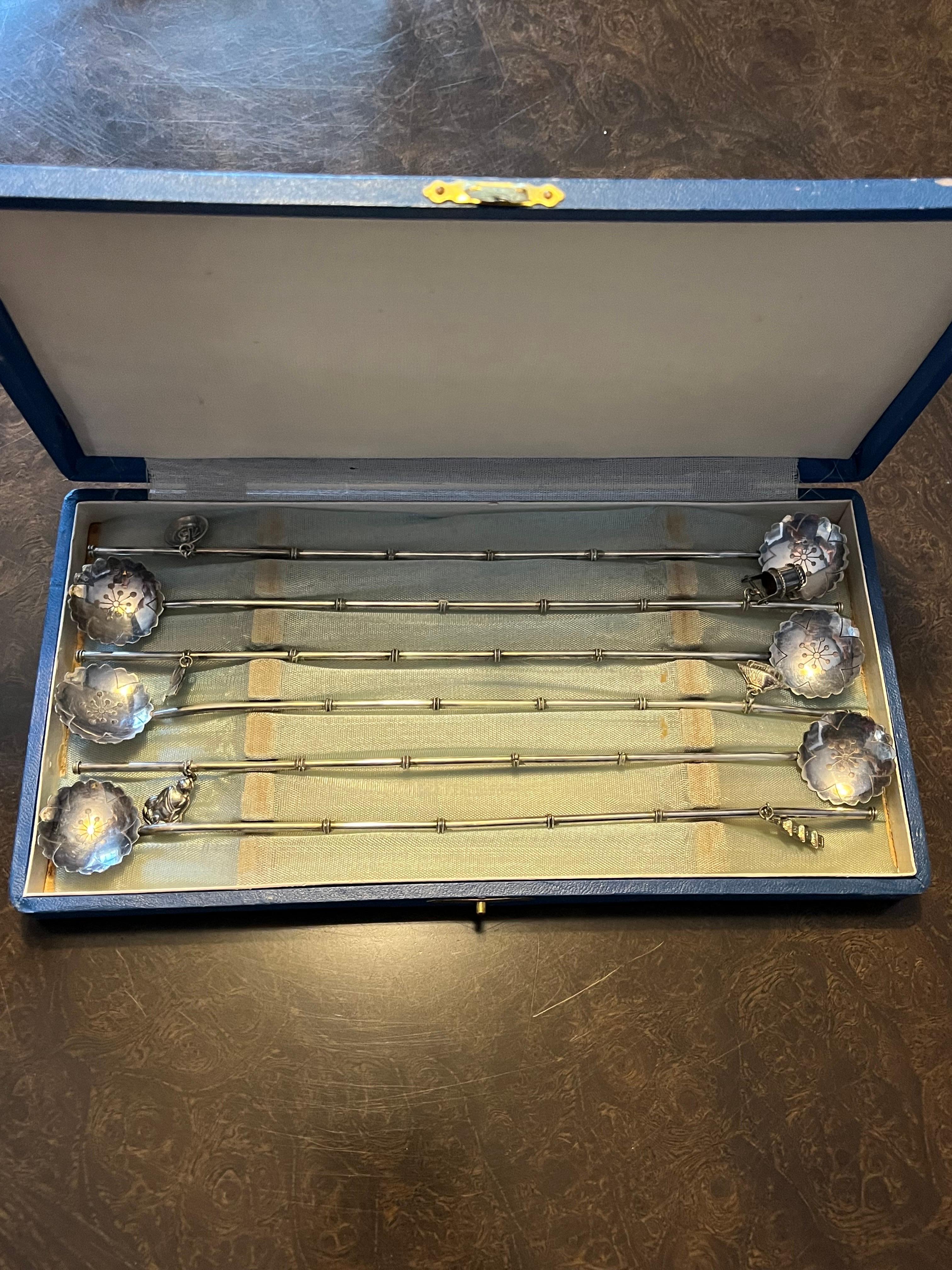 Mid-Century Sterling & .900 Silver Sipping Straw Cocktail Spoon Set In Good Condition For Sale In W Allenhurst, NJ