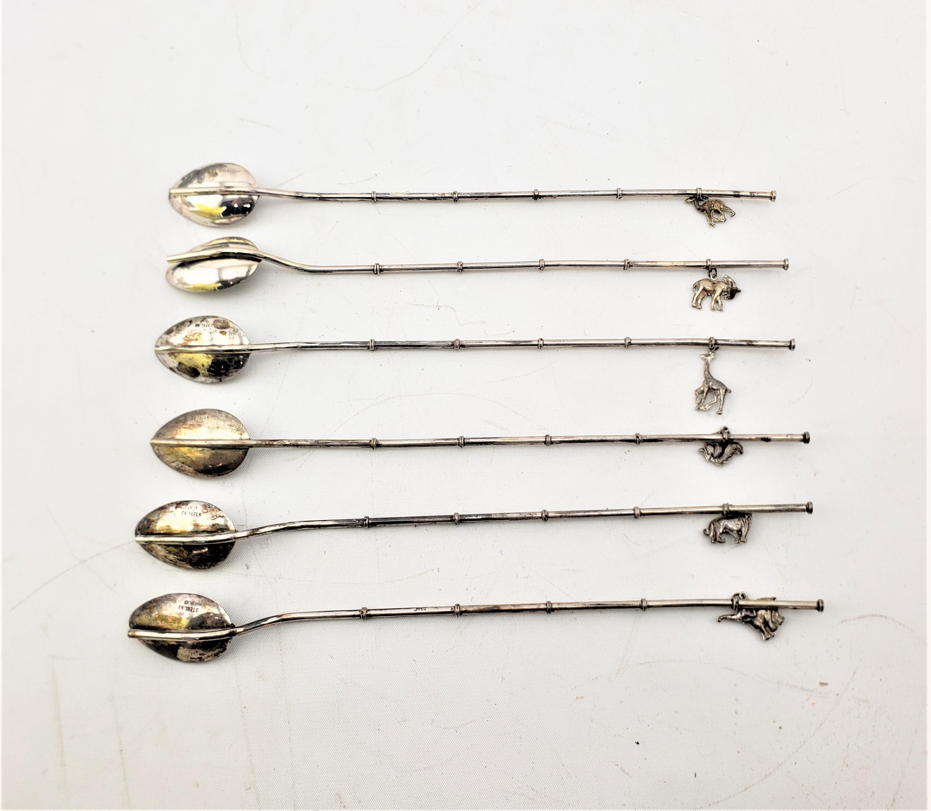 Mid-Century Sterling & .900 Silver Sipping Straw Cocktail Spoon Set with Animals For Sale 2