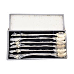 Set di cucchiai da cocktail con cannuccia da sorseggio in argento 925 e metà secolo con animali