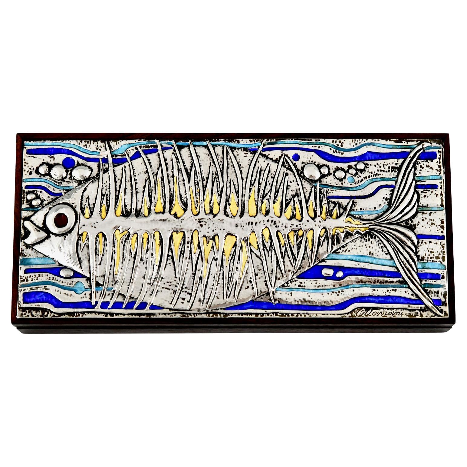 Mid Century Sterling Silver and enamel box with fish signed by Ottaviani.