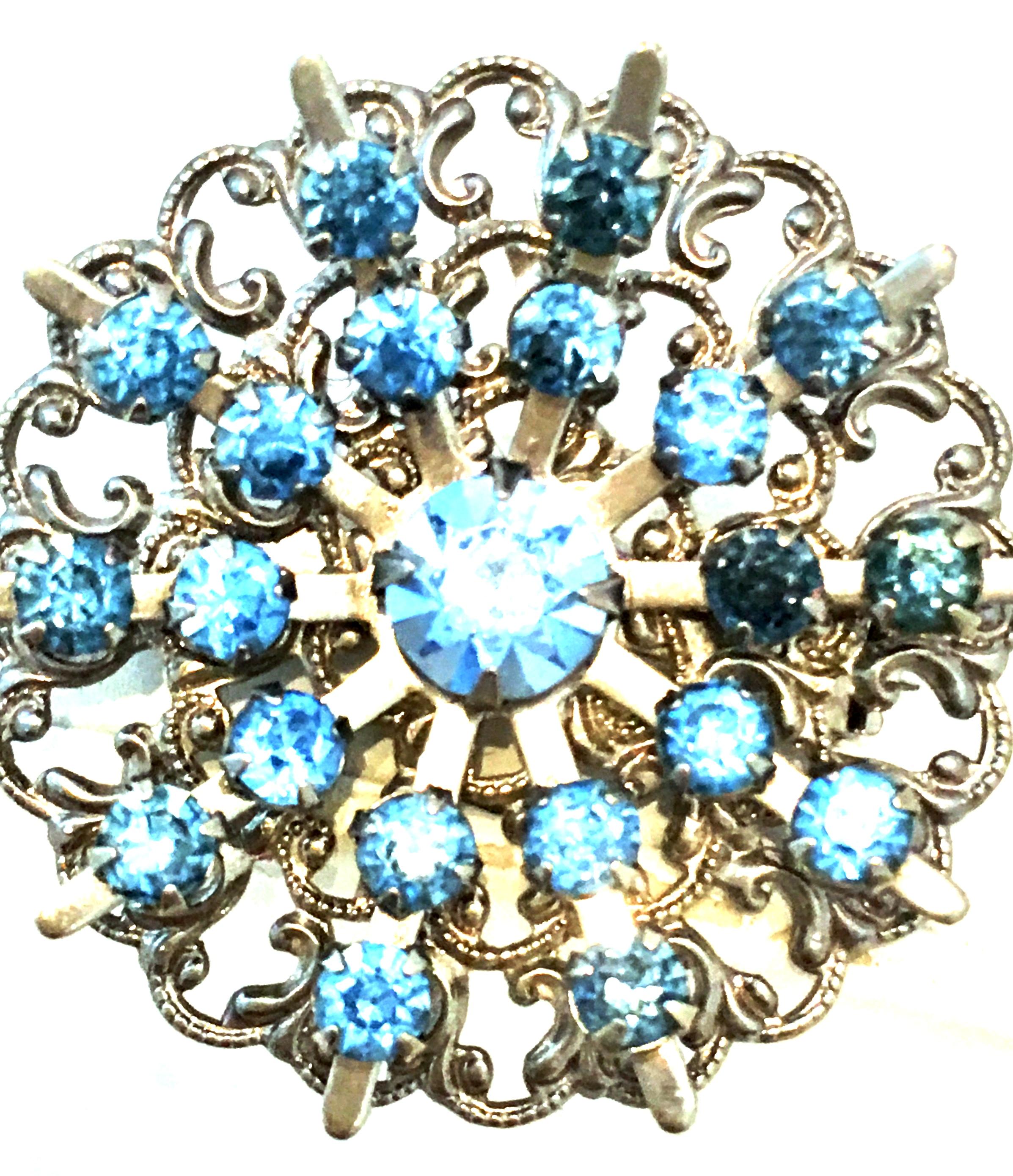 Women's or Men's Mid-Century Sterling Silver & Austrian Crystal Dimensional Brooch For Sale