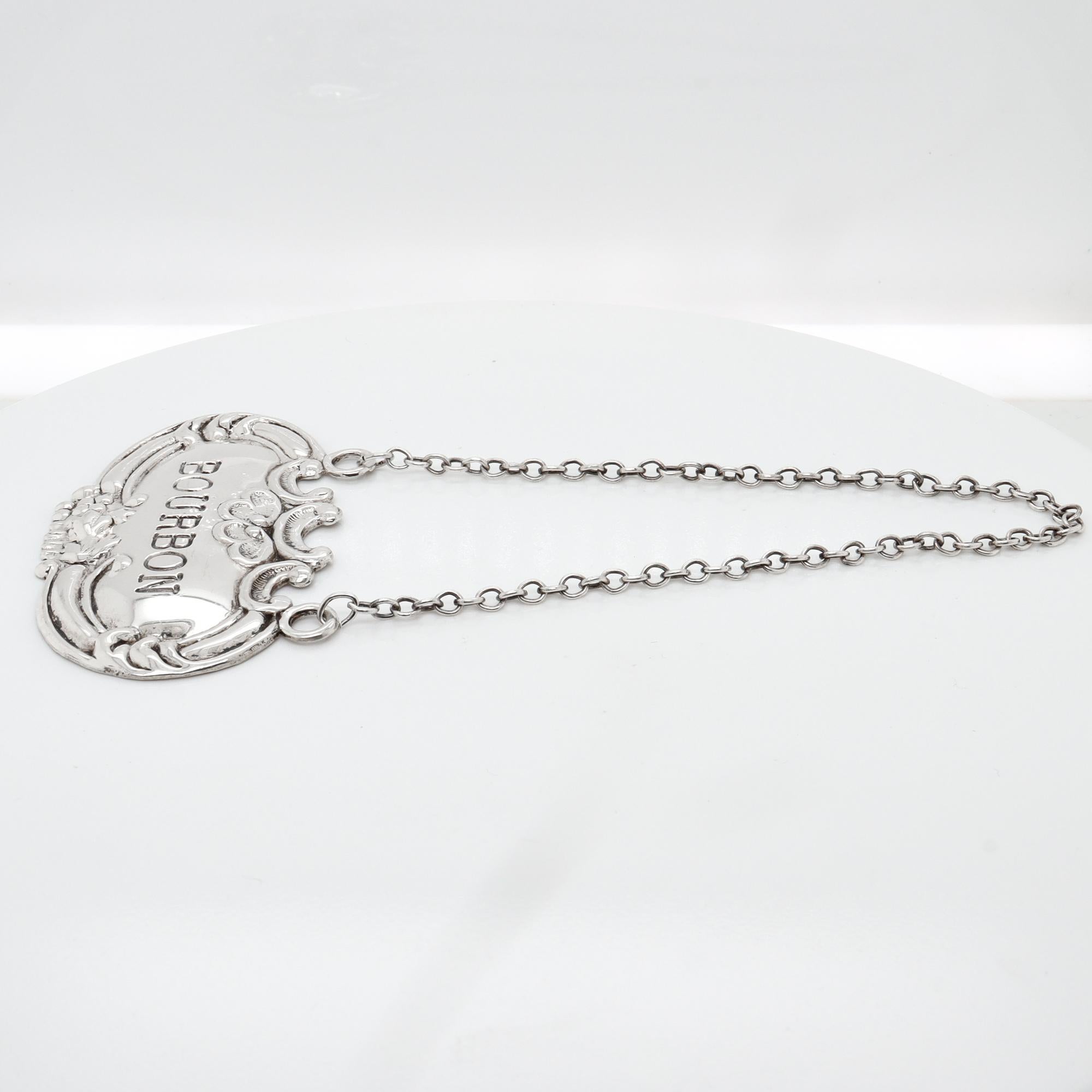 20ième siècle Mid-Century Sterling Silver Bourbon Whiskey Decanter / Liquor Label en vente