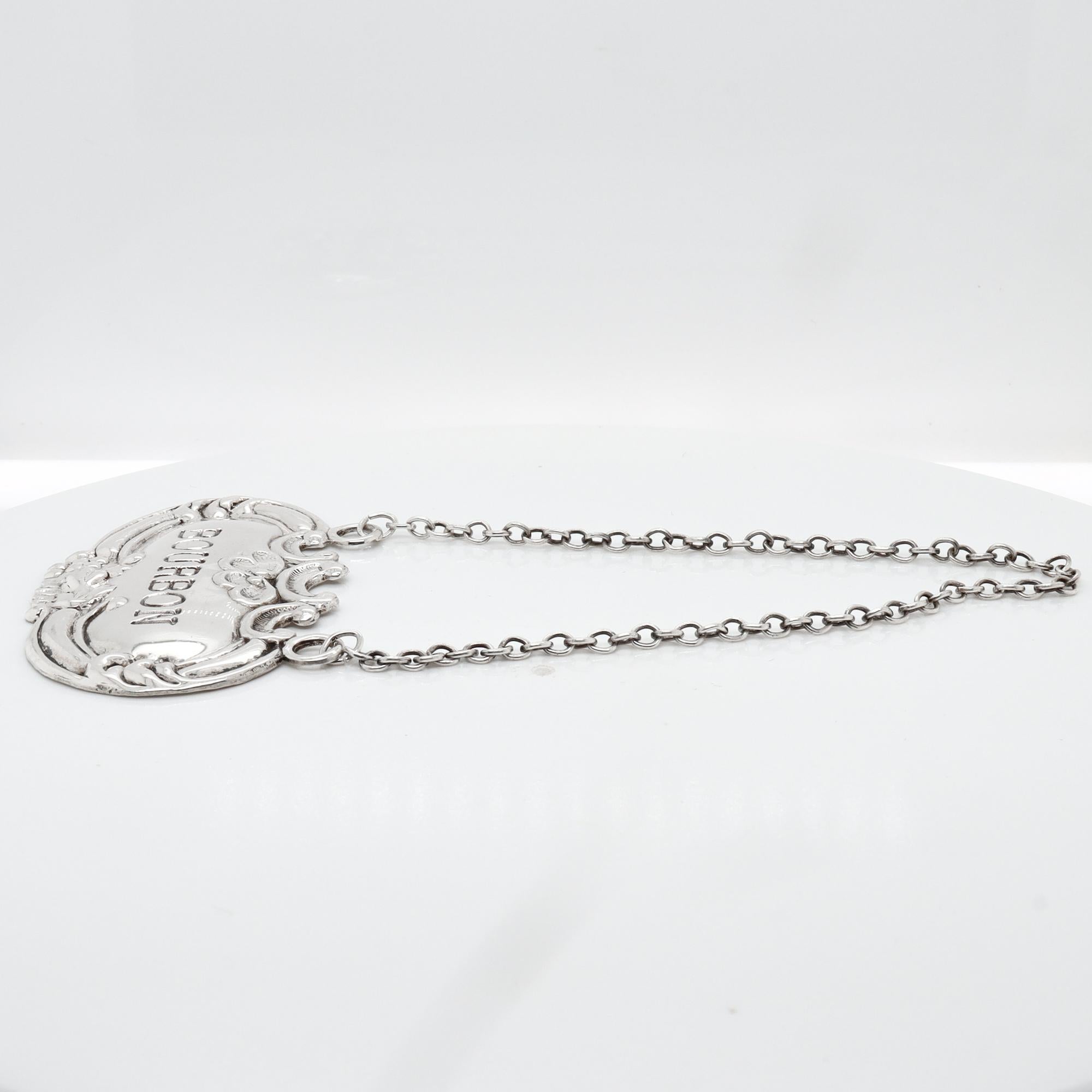 Argent sterling Mid-Century Sterling Silver Bourbon Whiskey Decanter / Liquor Label en vente