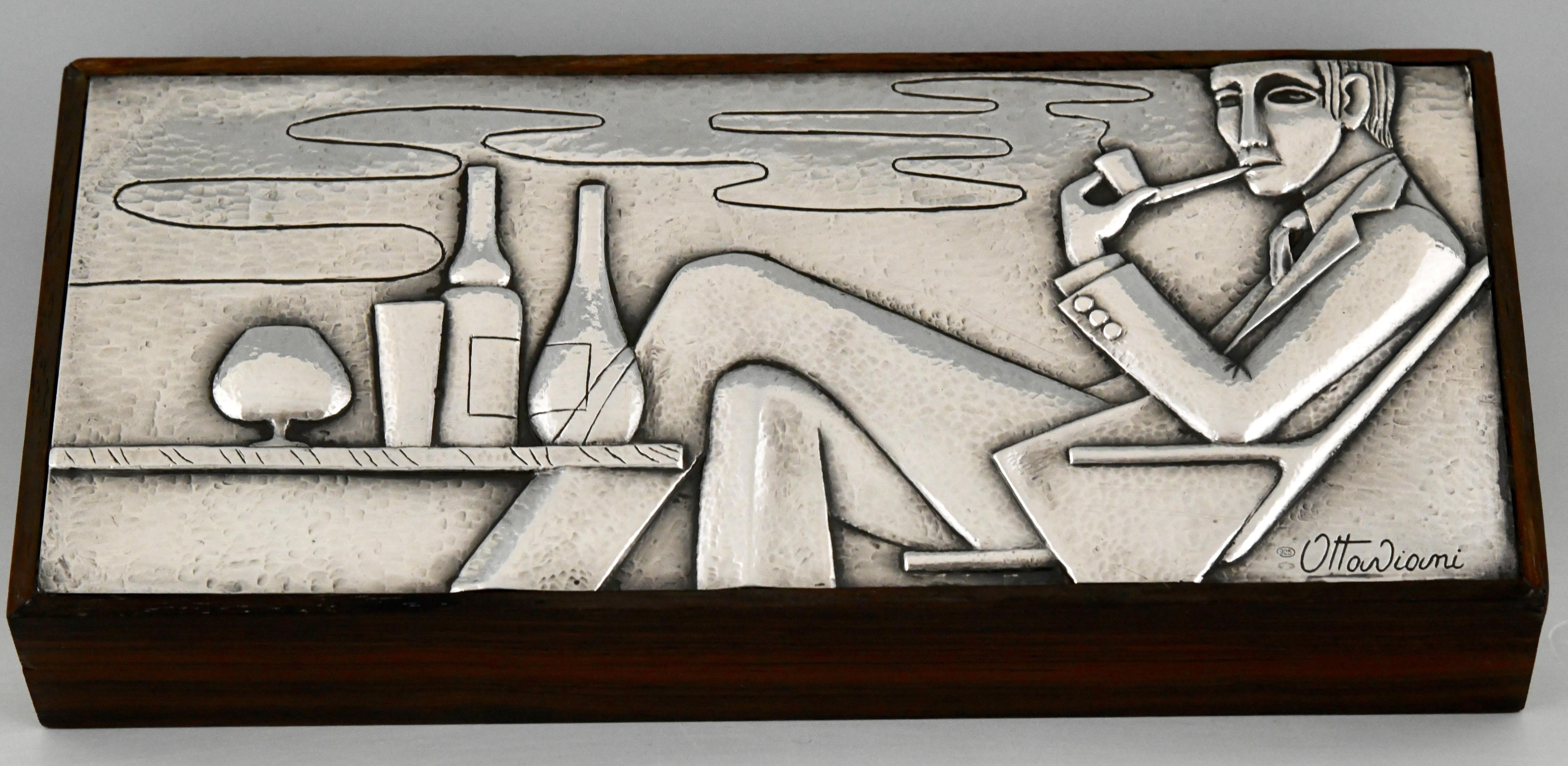 Hammered Mid Century Sterling Silver Cigarette Box with Man Smoking a Pipe Ottaviani 1960