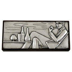 Mid Century Sterling Silver Cigarette Box with Man Smoking a Pipe Ottaviani 1960