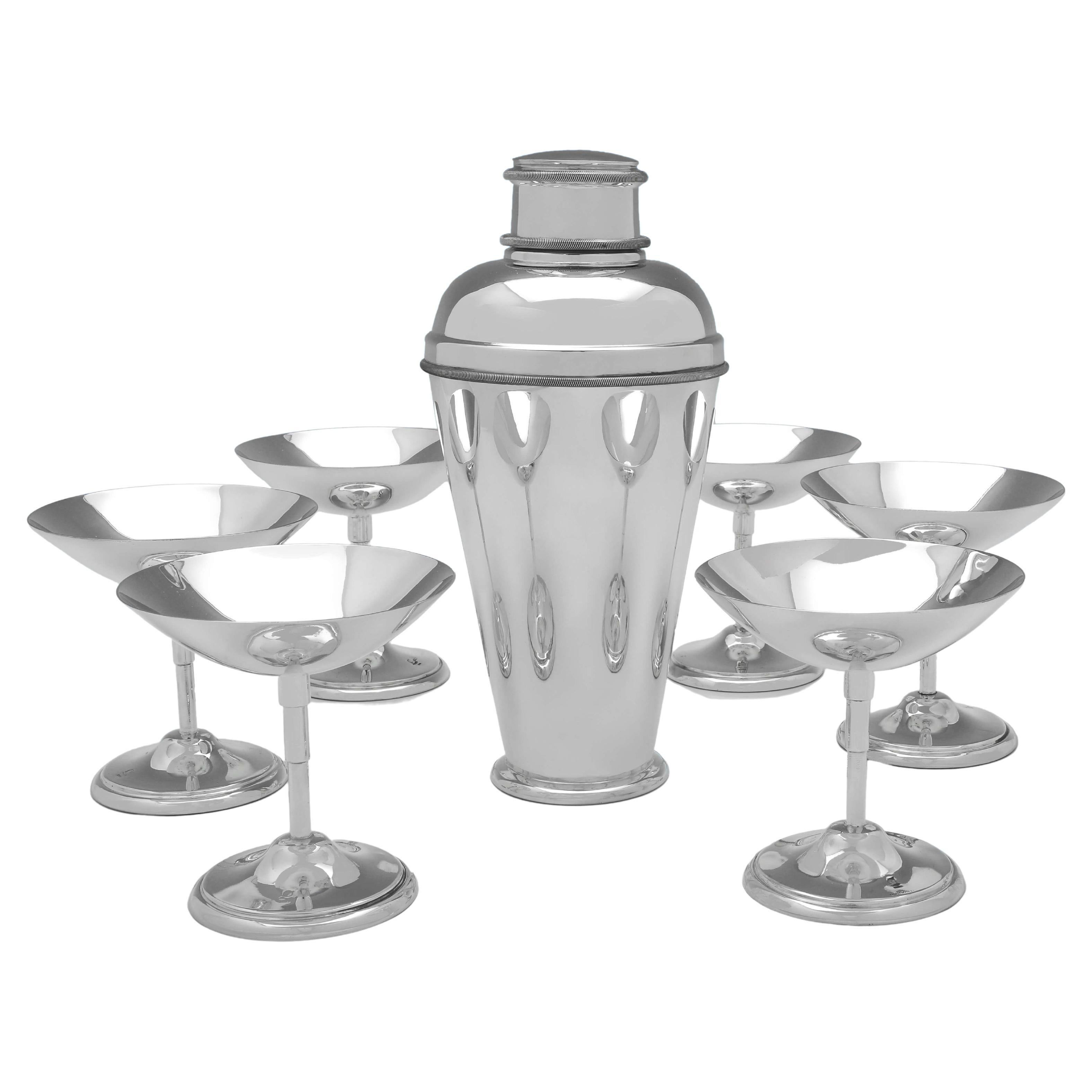 Mid Century Sterling Silver Cocktail Set, Barware, Cocktail Shaker & Glasses