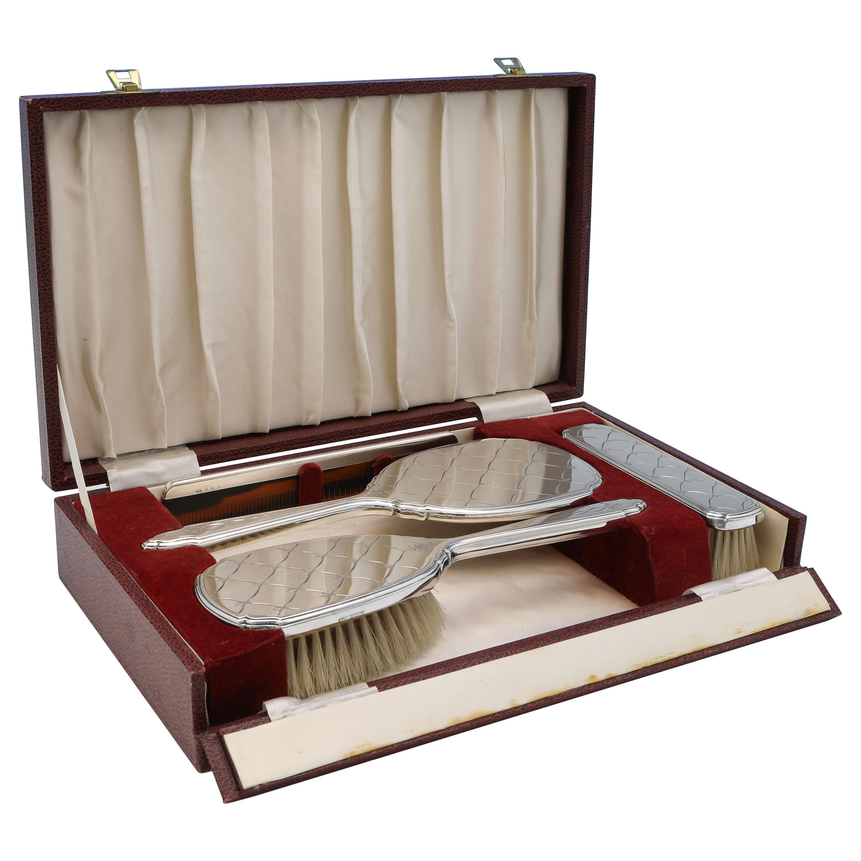 Mid-Century Sterling Silver Dressing Table Set, Deakin & Francis 1974, Boxed