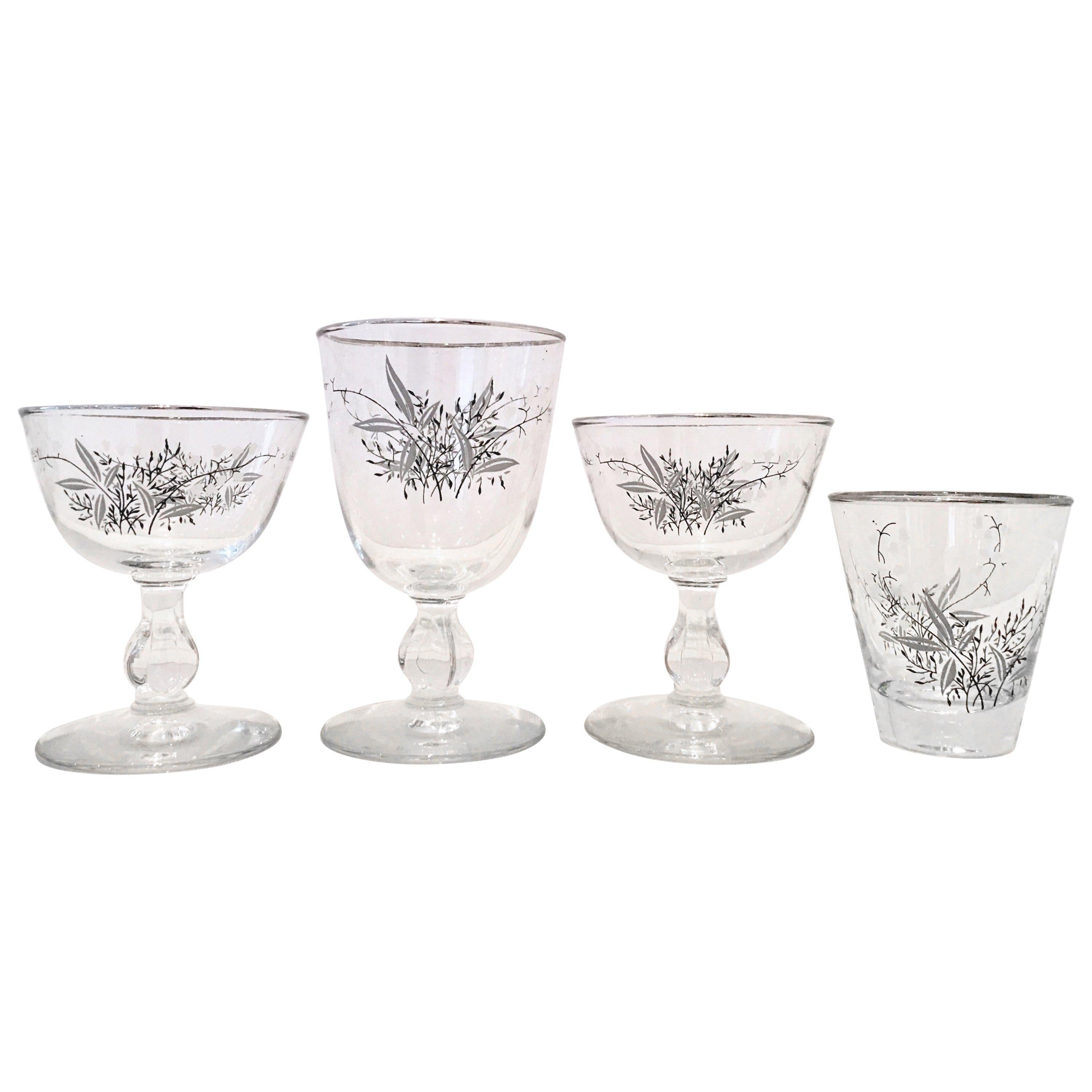 Mid-Century Sterling Silver & Embossed Floral Motif Glass Drinks S/19 For Sale