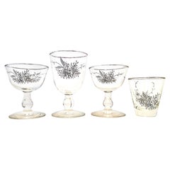 Mid-Century Sterling Silver & Embossed Floral Motif Glass Drinks Set of 19