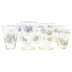 Mid-Century Sterling Silver & Embossed Floral Motif Glass Drinks Set of 19